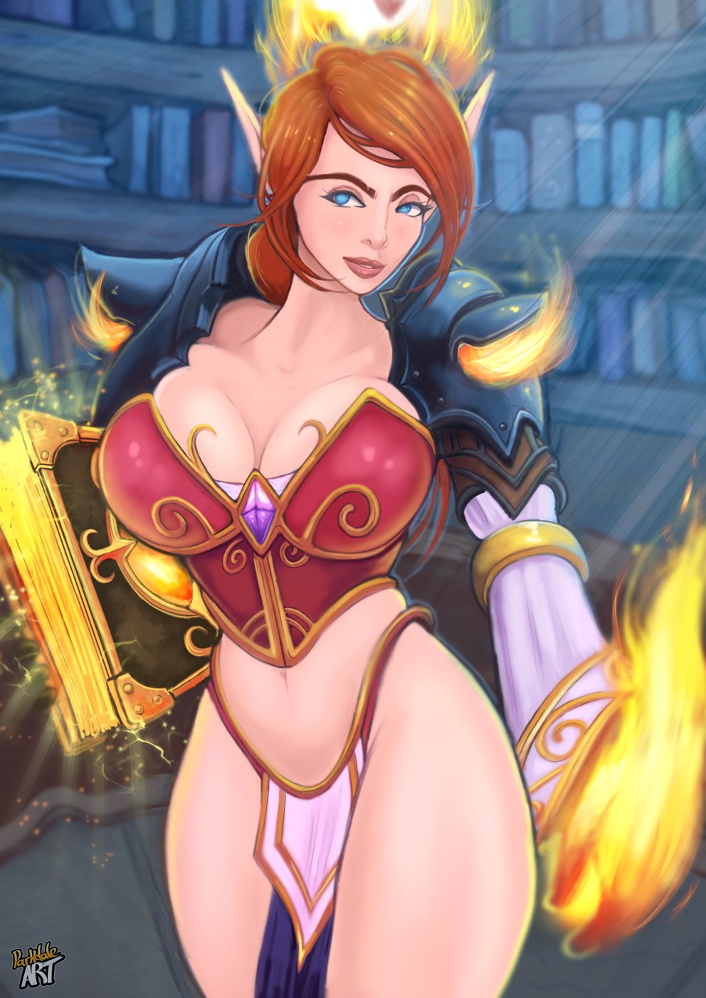 1girls archivist archivist_elysiana big_breasts blizzard_entertainment blue_eyes book breasts curvy dalaran elf female female_only hair hearthstone high_elf kirin_tor large_breasts orange_hair parkdale pointy_ears rise_of_shadows solo warcraft watermark world_of_warcraft