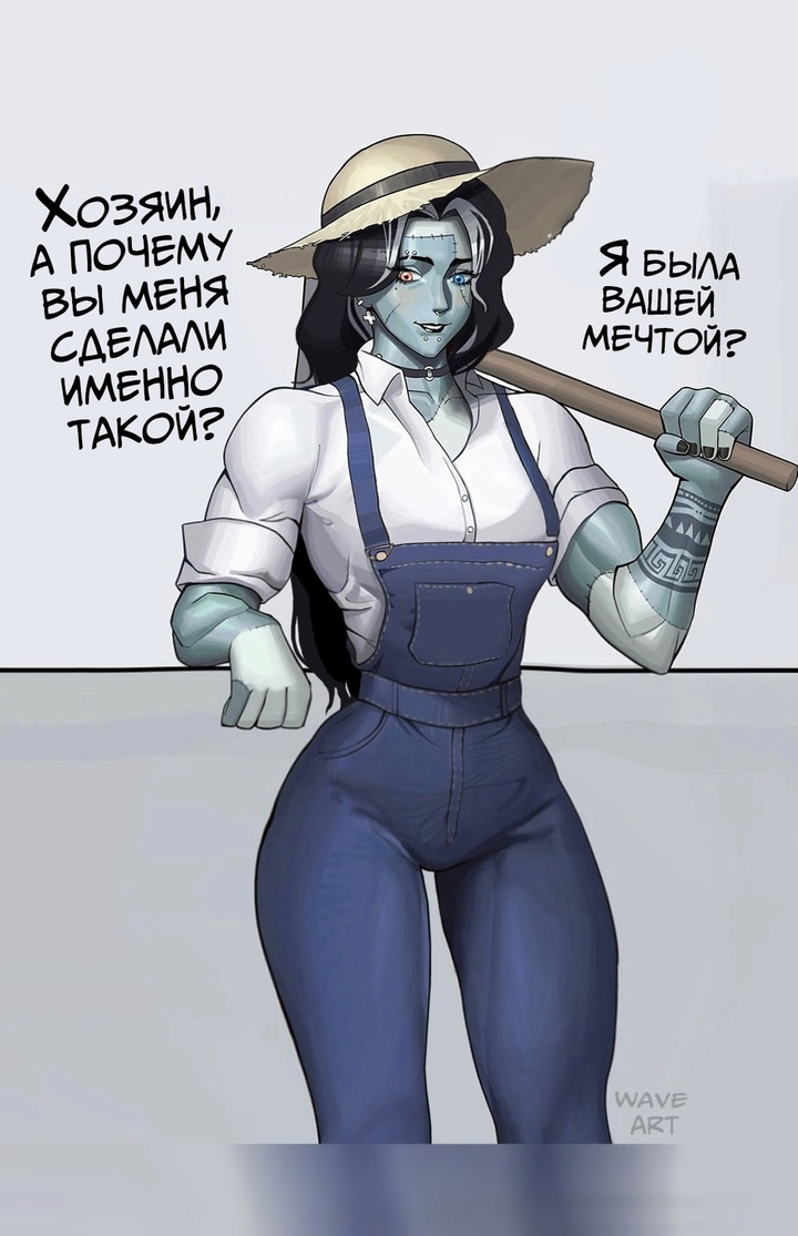 1boy 1girls boonie_baby comic comic_page female frankenstein's_monster hat monster_girl no_nude no_nudity rule_63 russian_text text wholesome