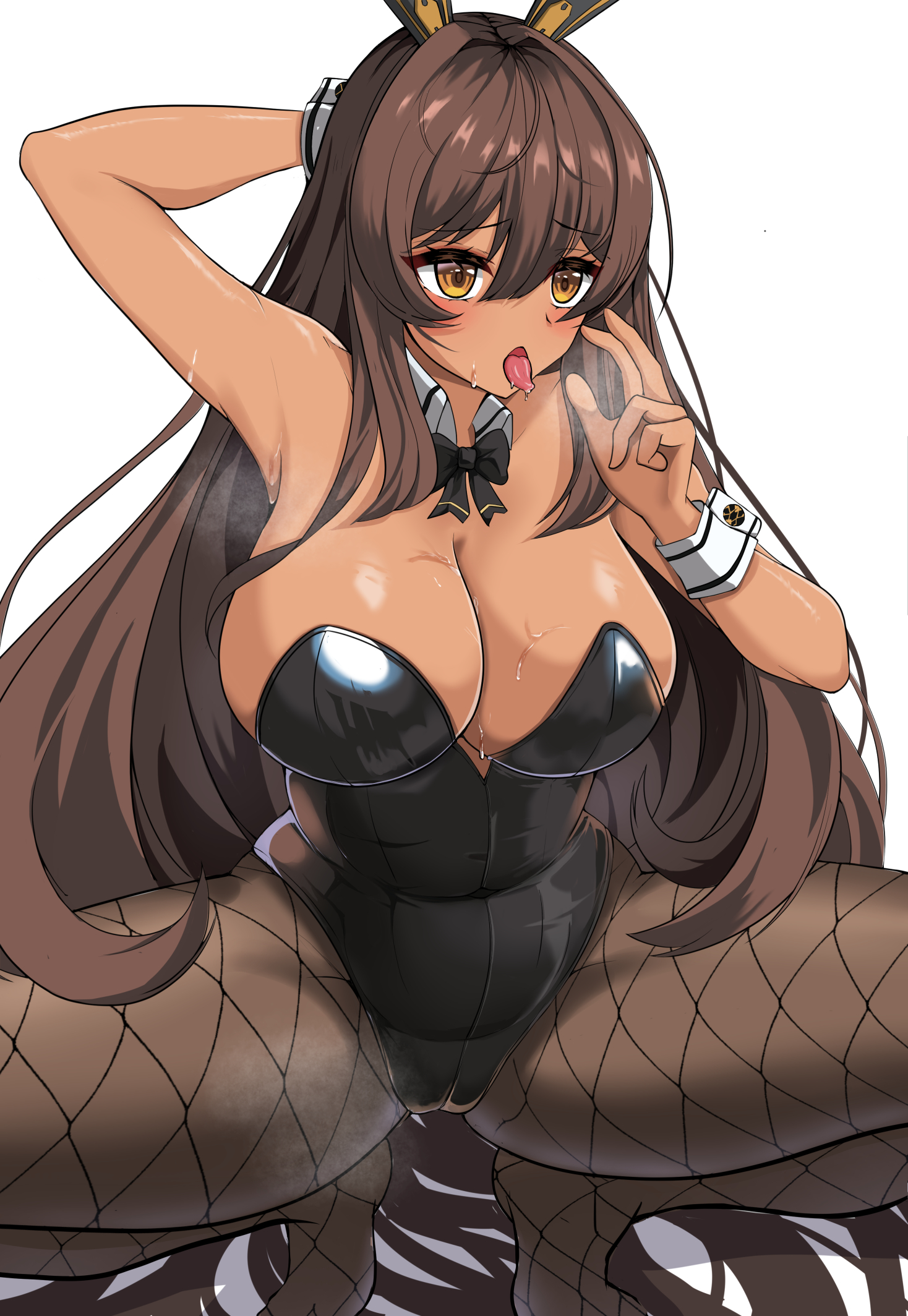 1girls, blush, breasts, brown hair, bunny ears, bunnysuit, cleavage, dark skin, dark-skinned female, female, female only, goddess of victory: nikke, huge breasts, long hair, noir (nikke), open mouth, orange eyes, squatting, sweat, thick thighs, tongue, tongue out, white background, wide hips