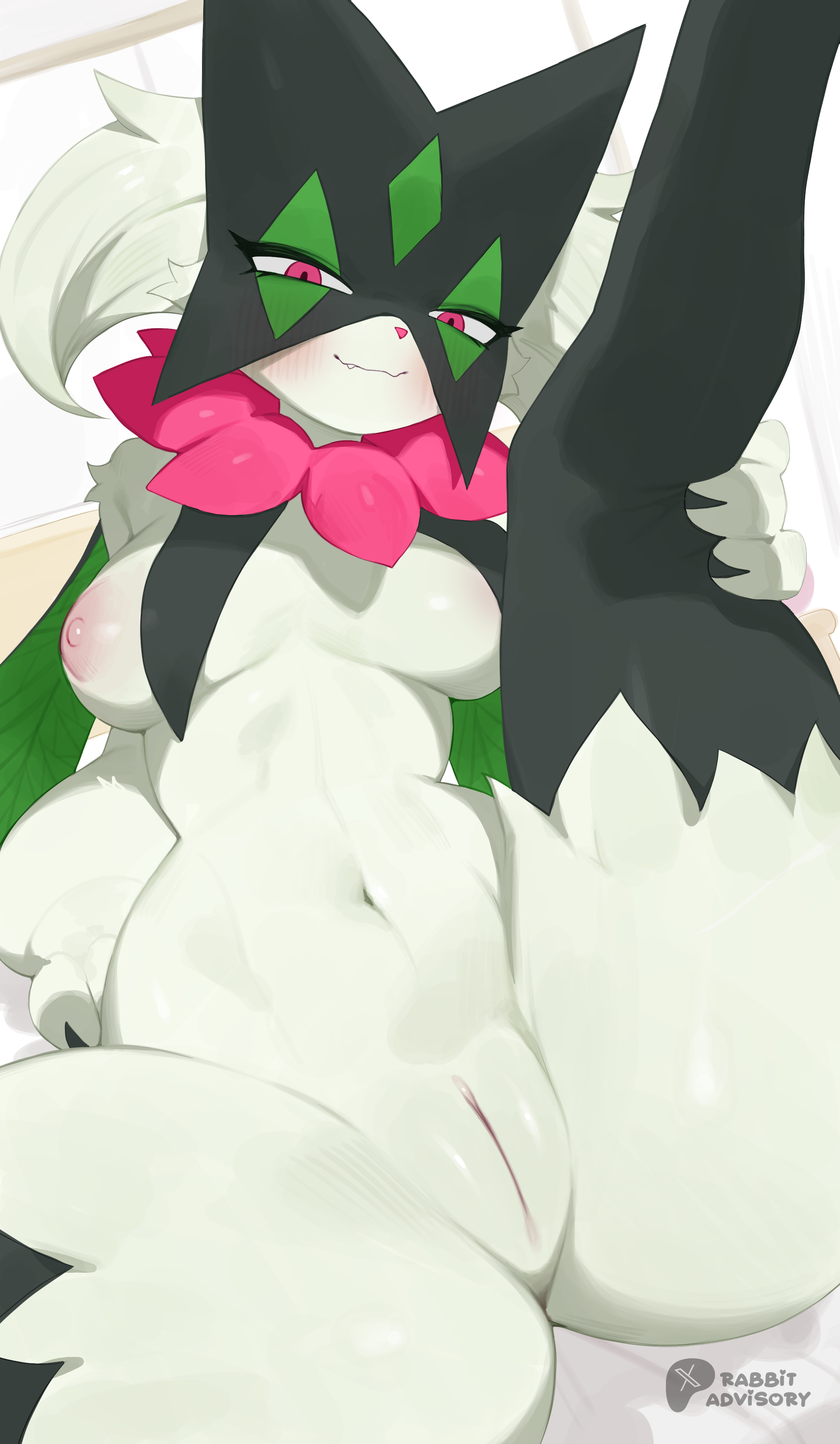 absurd res, anthro, ass, bedding, bedding background, blush, breasts, digital media (artwork), felid, feline, female, female only, fur, generation 9 pokemon, genitals, green body, green fur, hi res, looking at viewer, mammal, meowscarada, nintendo, nipples, nude, pokemon, pokemon (species), pussy, rabbitadvisory, simple background, solo
