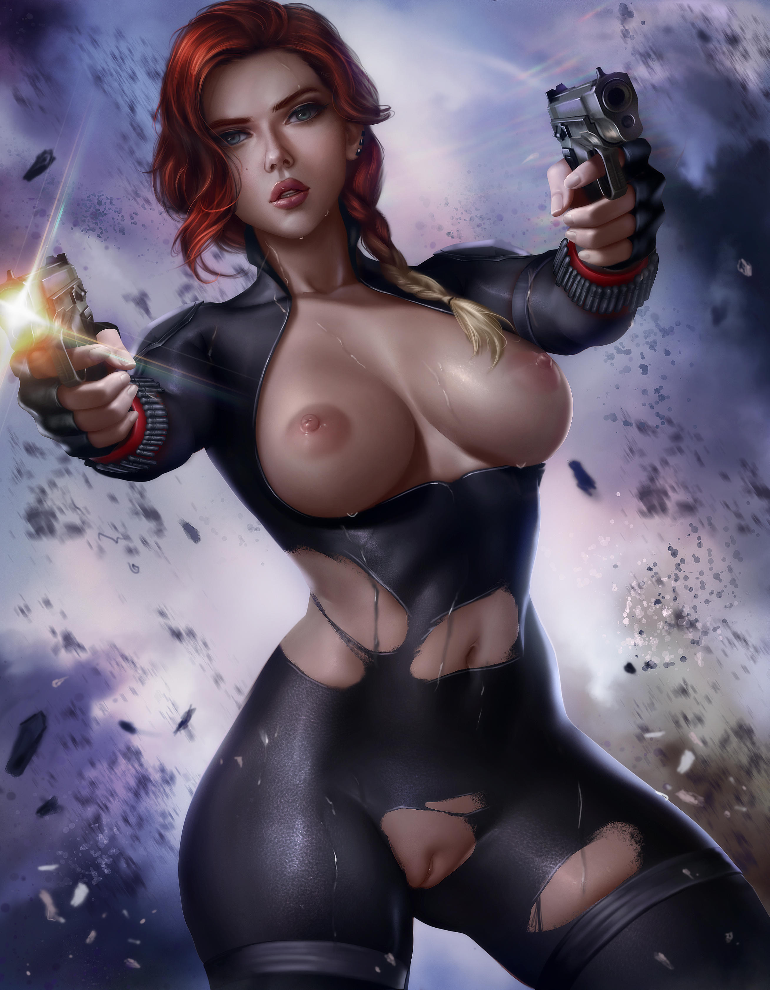 1girls, alternate version available, areolae, athletic, athletic female, avengers, black widow (marvel), bodysuit, braid, breasts, breasts out, dual wielding, female, female only, gun, highres, human, human only, light skin, light-skinned female, logan cure, looking at viewer, marvel, marvel cinematic universe, marvel comics, natasha romanoff, nipples, pussy, red hair, scarlett johansson, solo, tactical nudity, torn bodysuit, torn clothes, two-tone hair, uncensored, weapon
