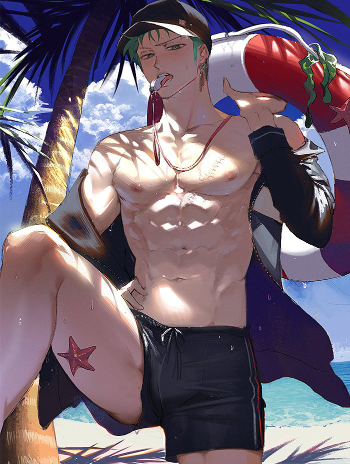 baseball_cap beach bulge earrings green_hair hand_on_hip hoodie kneeling lifeguard lifesaver light-skinned_male light_skin looking_at_viewer male male_only masculine nori31291404 off_shoulder one_piece open_jacket outdoors palm_tree pre-timeskip roronoa_zoro scar solo starfish sweatshirt swimming_trunks swimsuit toned toned_male wet_skin whistle whistle_around_neck whistle_in_mouth