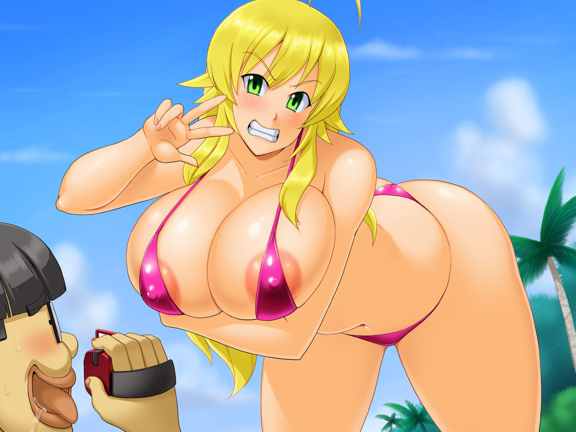 angry bikini blonde_hair breasts hoshii_miki huge_breasts idolmaster kawanuma_uotsuri long_hair recording swimsuit ugly_man