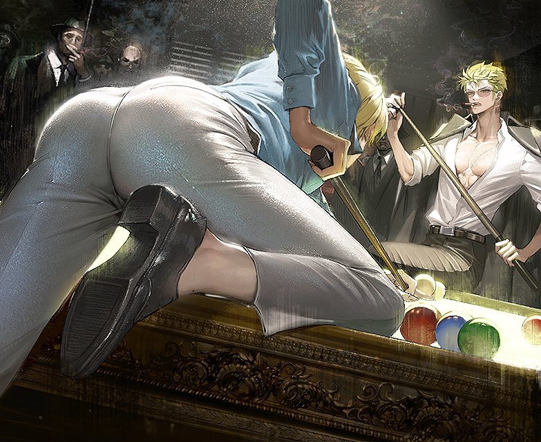 ass ass_focus bent_over billiard_table billiards blonde_hair cigar cigarette fully_clothed male male_only nori31291404 one_piece pre-timeskip rear_view roronoa_zoro smoking solo_focus suit sunglasses tight_clothing tight_pants vinsmoke_sanji