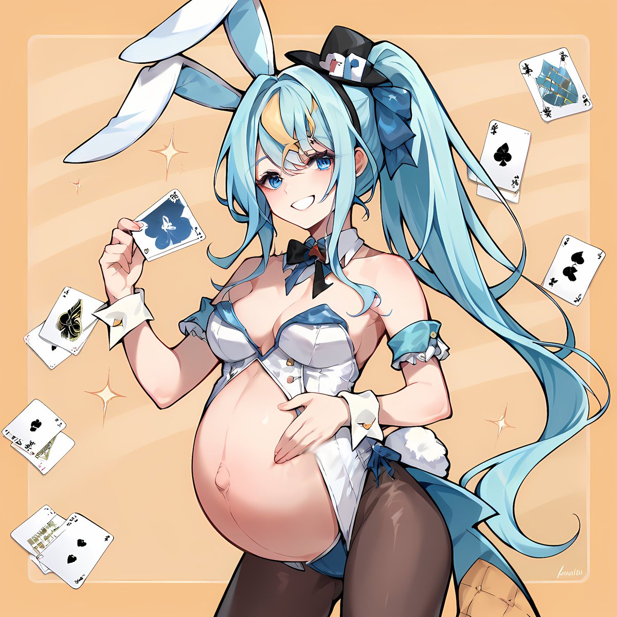 1girls ai_generated big_breasts blue_hair breasts bunny_ears bunny_girl bunnysuit clothed clothing female human kaminari_clara light-skinned_female light_skin mostly_clothed phase_connect phase_connect_jp phase_kaleido playing_card pregnant standing top_hat virtual_youtuber