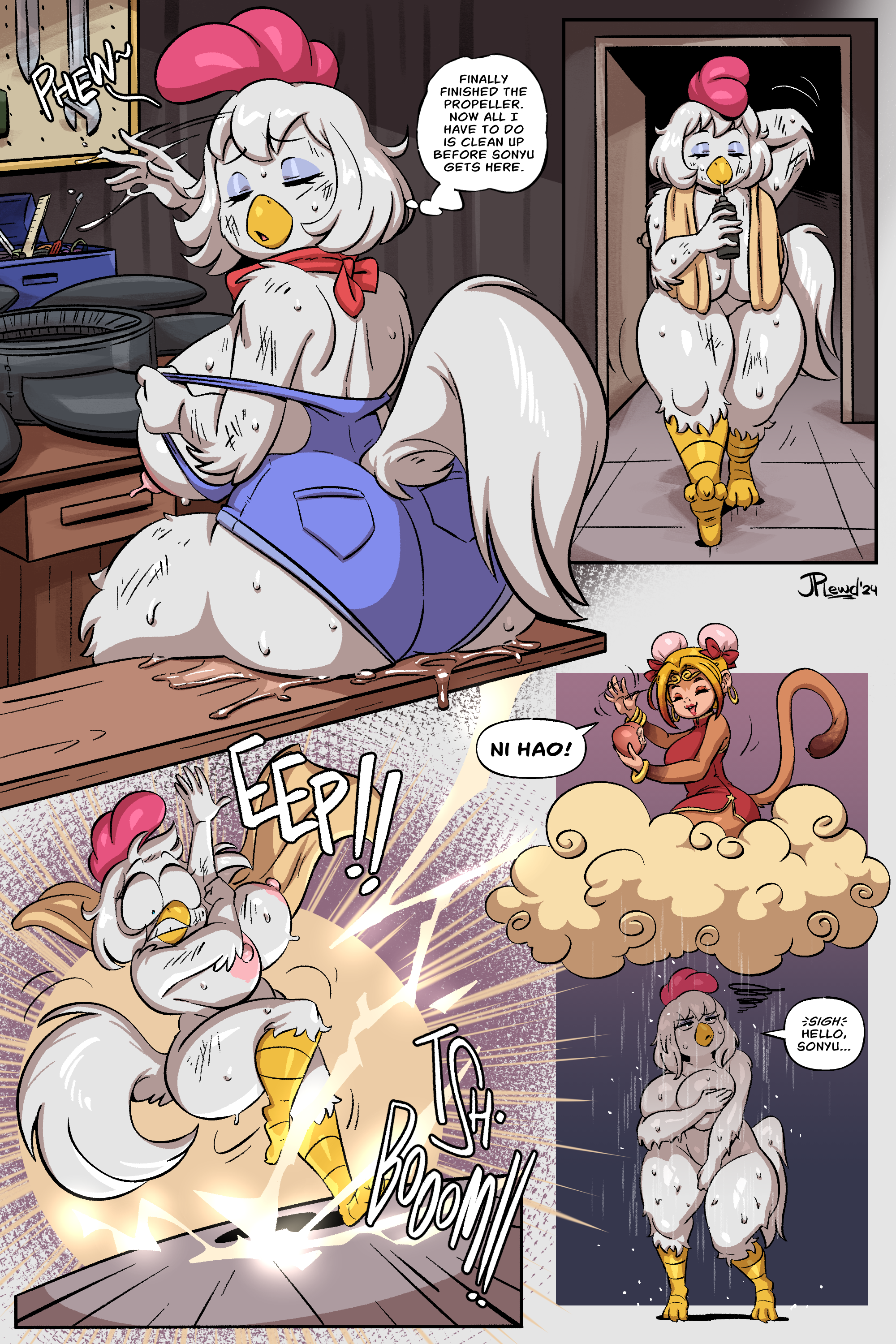 2024, 2girls, anthro, ass, breasts, chicken, chicken girl, comic, english text, female, haplorhine, joaoppereiraus, kacey kinsington, monkey, monkey girl, multiple females, multiple girls, original, primate, sonyu tainkong, soulblader