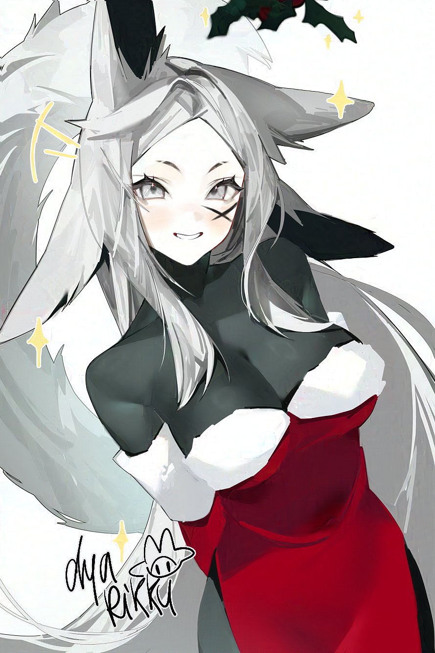 animal_ear_fluff animal_ears bangs bare_shoulders blush breasts christmas dress dya_rikku dya_rikku_(vtuber) female fox_ears fox_tail grey_hair grin jacket large_breasts long_hair looking_at_viewer multiple_tails off_shoulder parted_bangs signature smile solo sparkle tail vyugen wolf_ears wolf_tail