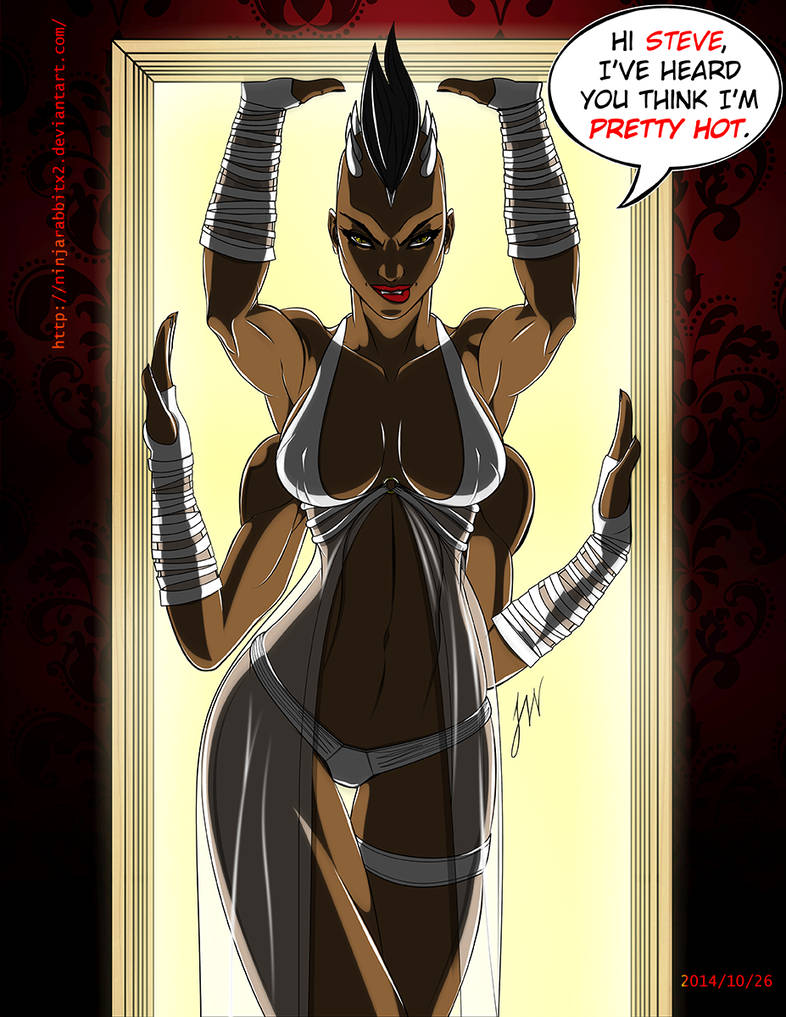 1girls, 2014, 2d, 4 arms, abs, armband, armpits, bandage, big breasts, biting lip, black hair, breasts, brown skin, clothed, color, colored, dark skin, dark-skinned female, dated, deviantart, dialogue, doorway, dress, exposed breasts, female, female only, horns, lingerie, lipstick, looking at viewer, makeup, midway, mohawk, monster girl, mortal kombat, multi arm, multi limb, muscles, muscular, muscular female, netherrealm studios, ninjarabbitx2, red lips, red lipstick, revealing clothes, seductive, seductive look, sheeva, shokan, signature, solo, speech bubble, standing, text, thick thighs, thigh gap, underwear, voluptuous, watermark, wide hips, yellow eyes