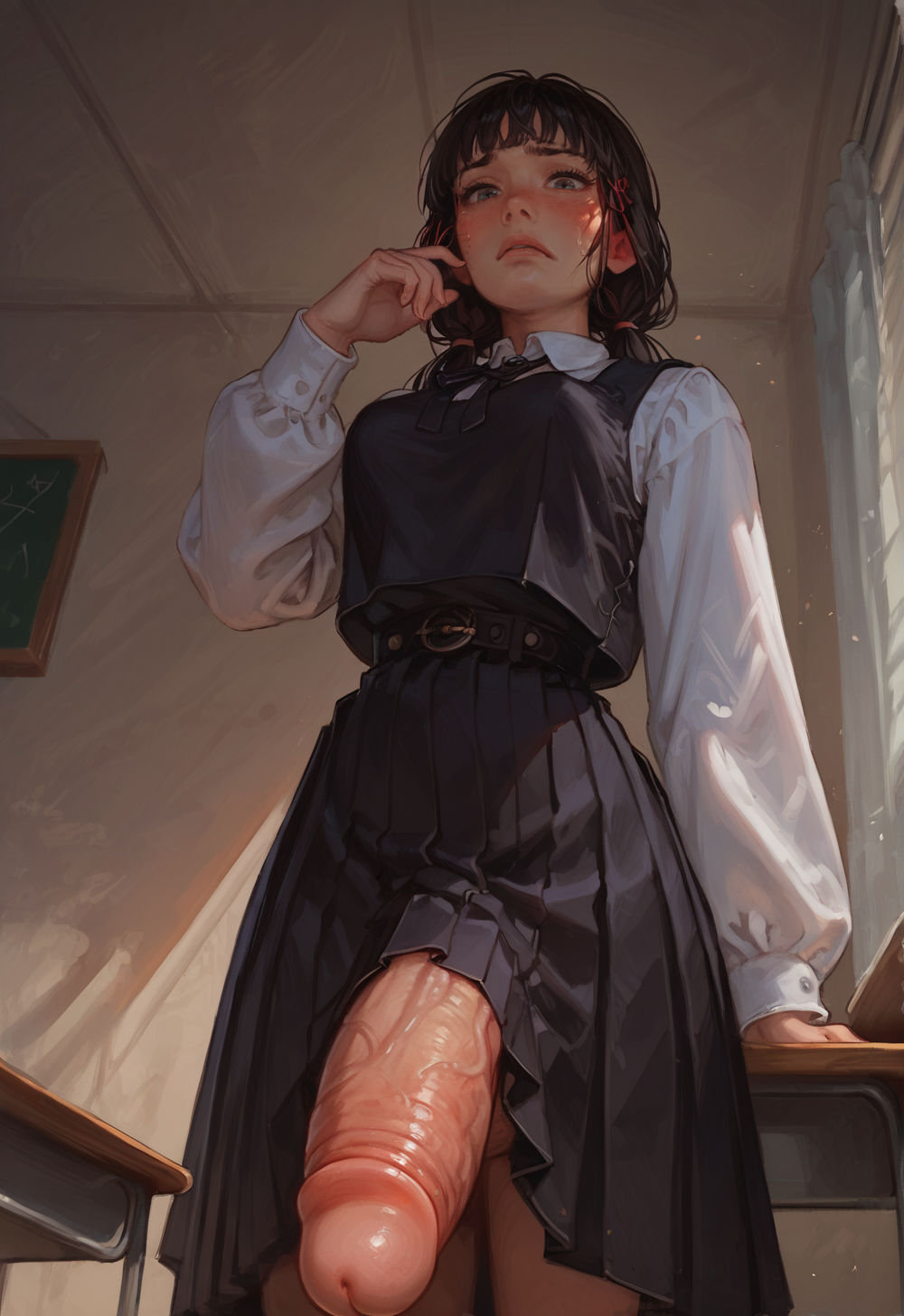 ai generated, belt, belt buckle, black dress, black hair, breasts, chainsaw man, daytime, desk, female, futa only, futanari, giant penis, intersex, looking at viewer, mitaka asa, penis, red bow, santarvengar, school desk, school uniform, schoolgirl, small breasts, stable diffusion, tagme, taker pov, veiny penis, worried expression