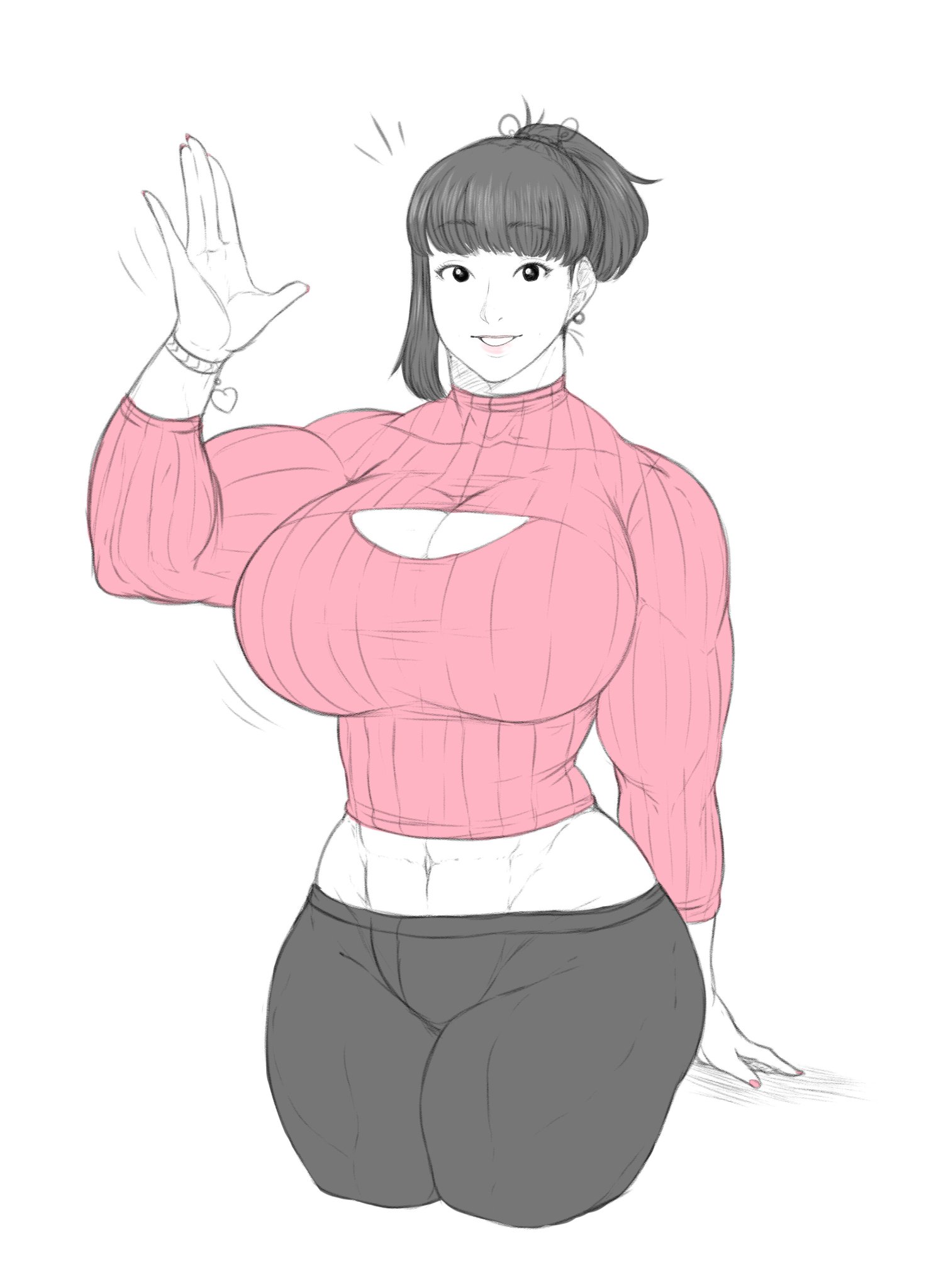 abs, breasts, chikara haruka, cleavage, female, franktonius, huge breasts, keyhole clothing, keyhole turtleneck, muscular, muscular female, smile, thick thighs