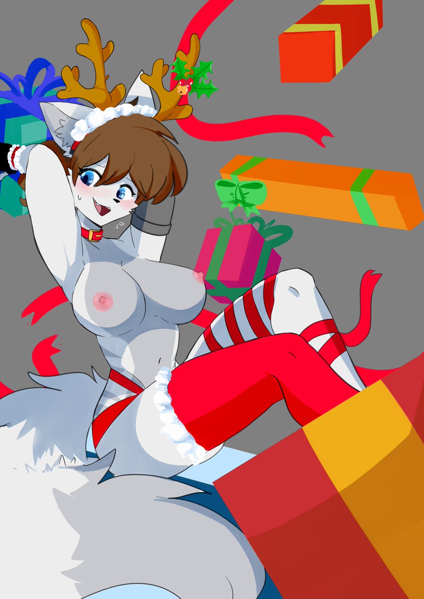 anthro bare_chest blue_eyes blush breasts canid canine choker christmas clothing female footwear holidays jewelry legwear mammal mythological_canine mythological_creature mythology necklace socks solo spar_lamarca sparxel thigh_highs thigh_socks were werecanid werecanine werewolf