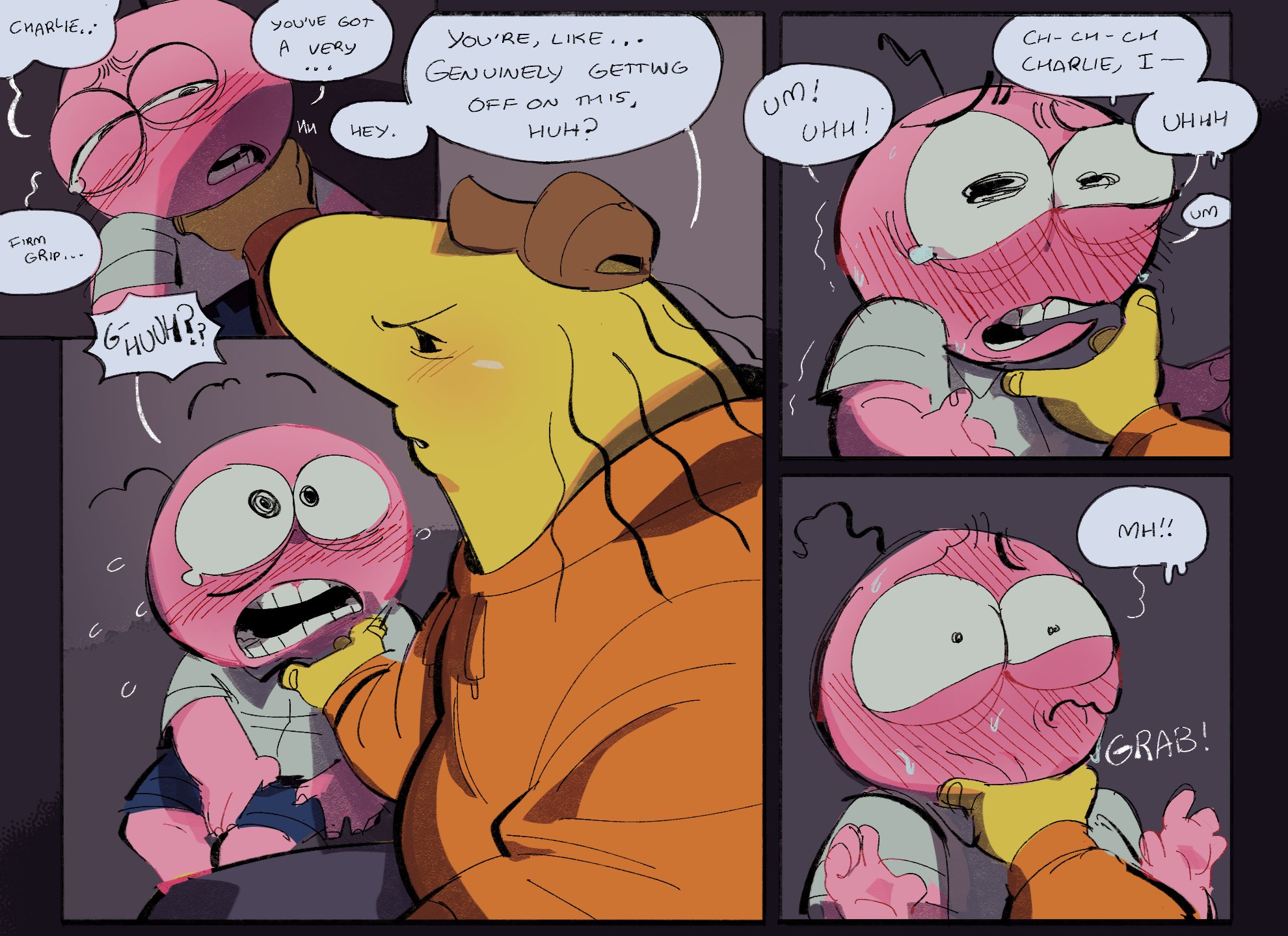 2boys, breathplay, cartoony, charlie (smiling friends), choking, drooling, flushed face, male, male only, pim (smiling friends), pussylugubrious, size difference, smiling friends, tears in eyes, yaoi