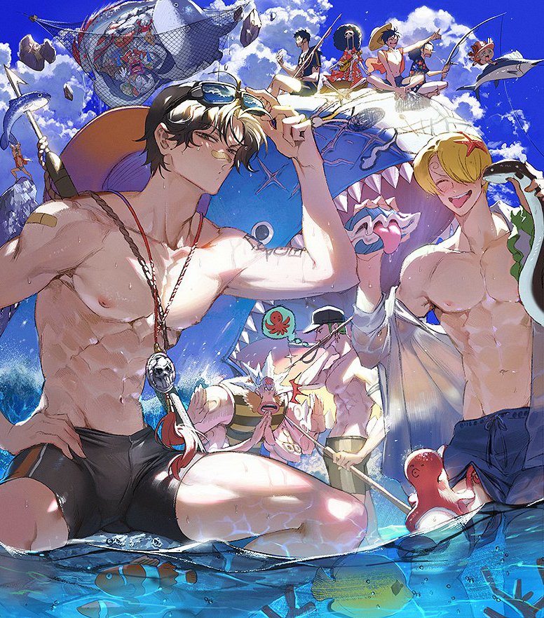 11boys abs bandage_on_nose black_hair blonde_hair brook_(one_piece) buggy_the_clown detailed detailed_background duo_focus fish-men_(one_piece) fishing franky goggles goggles_on_head hand_on_hip hat hatchan laboon looking_at_viewer male male_only monkey_d_luffy multiple_boys muscular muscular_male nori31291404 ocean octopus one_piece partially_submerged pecs portgas_d_ace pre-timeskip roronoa_zoro shorts shoulder_tattoo smile squatting swimming_trunks swimsuit swimwear tattoo tight_clothing tony_tony_chopper topless topless_male trafalgar_law usopp vinsmoke_sanji water wet_body wet_skin wholesome