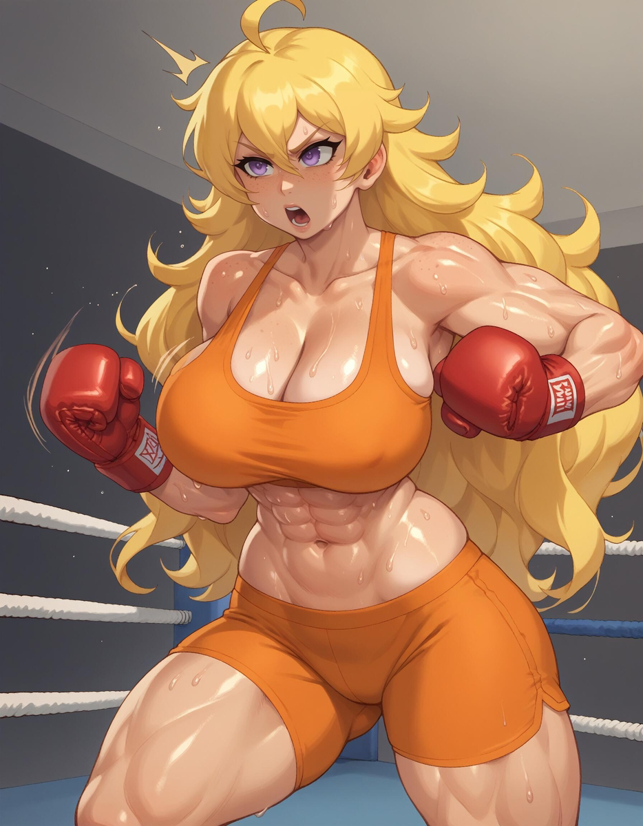 1girls abs ai_generated azure_(artist) bare_arms bare_legs bare_shoulders bare_thighs big_breasts blonde_hair blush boxing_gloves clothed clothing color female female_focus female_only fit_female hi_res large_breasts light-skinned_female light_skin long_hair mommy muscles muscular muscular_arms muscular_female muscular_legs muscular_thighs purple_eyes rwby solo solo_female sweat tagme thick_thighs yang_xiao_long