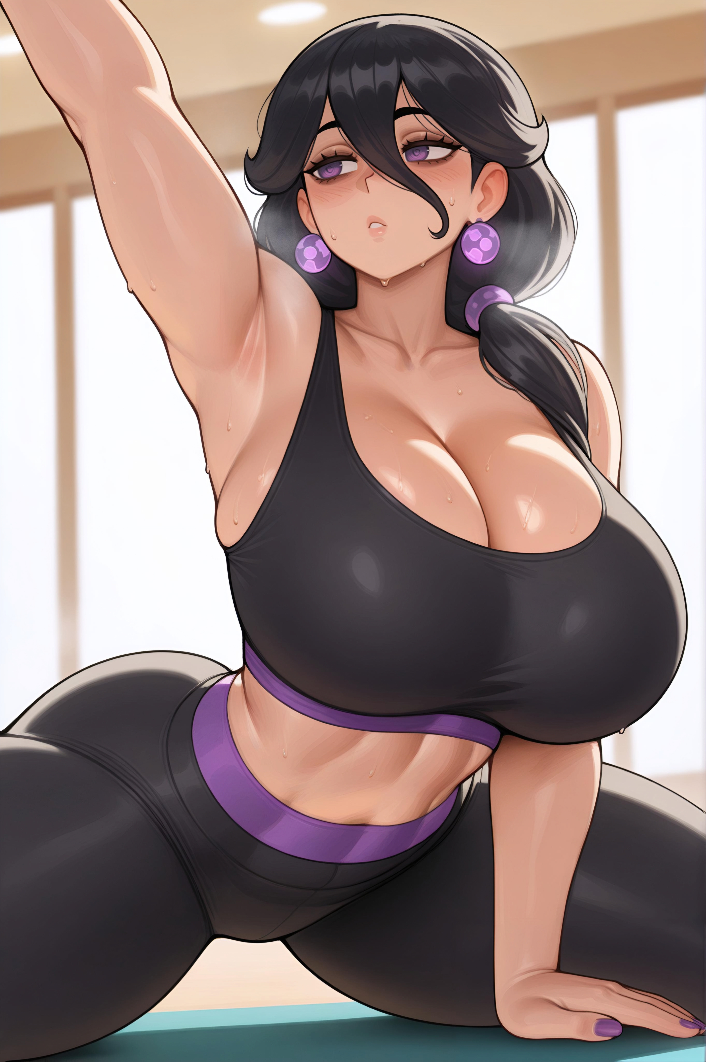 1girls, ai generated, black hair, hex maniac, hex maniac (pokemon legends: z-a), hi res, highres, huge ass, huge breasts, long hair, milf, occult maniac, occult maniac (pokemon legends: z-a), occult maniac (pokemon), occult maniac (z-a), pokemon, pokemon legends: z-a, purple eyes, seductive, showing off, sports bra, straight, stuffyai