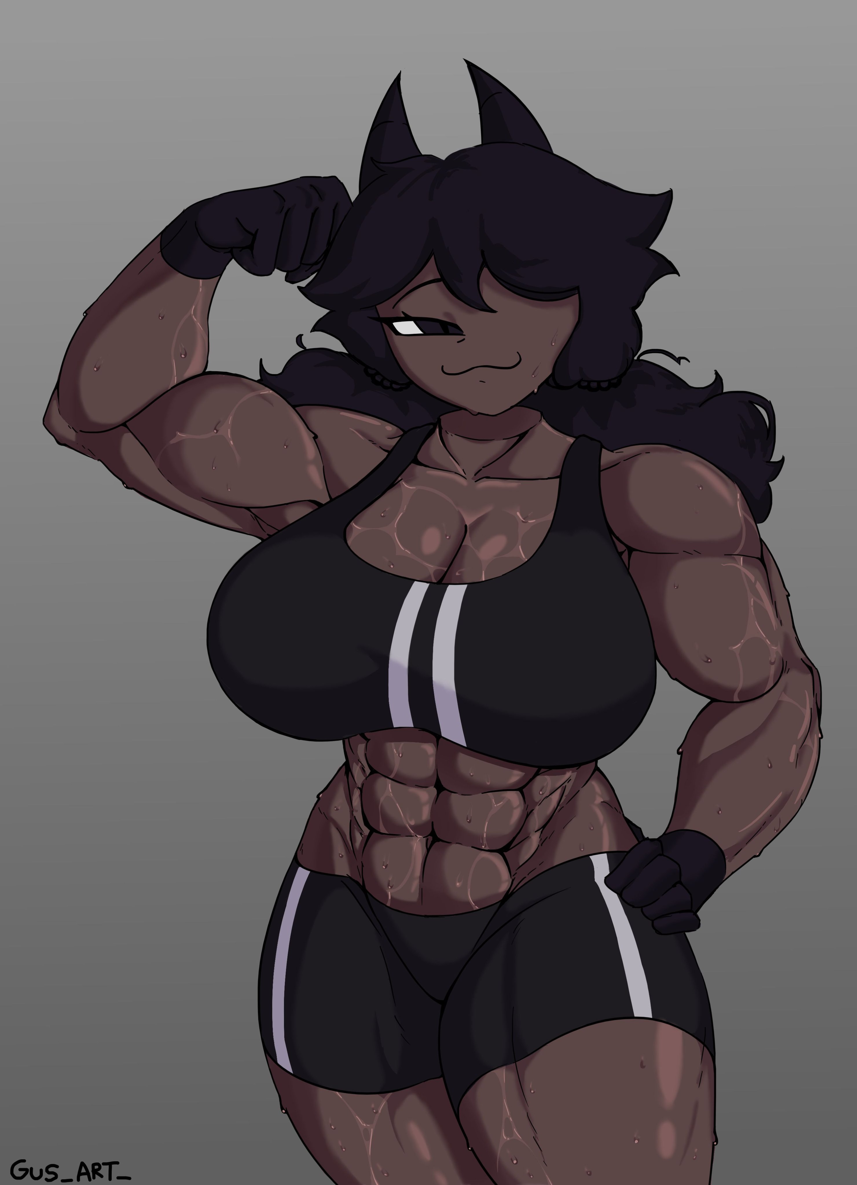 abs, big breasts, breasts, buff female, dark skin, dark-skinned female, fundamental paper education, gus art, miss emily (fundamental paper education), mommy, posing, sweat, sweating