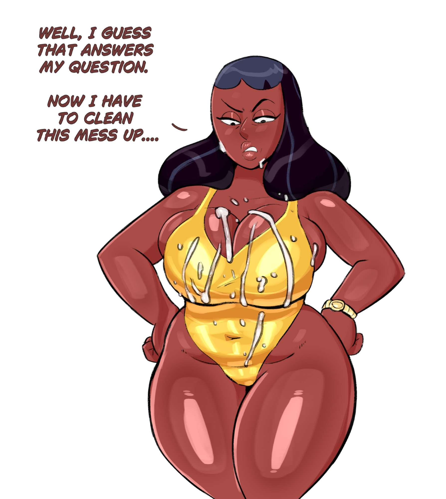 1girls, alternate version available, armwear, big breasts, black eyes, black hair, breasts, clothing, cum, cum on breasts, cum on face, cum on stomach, english, english text, female, female focus, female only, guillion (toshkarts), hair, half-closed eyes, hands on hips, hips, huge breasts, lips, long hair, looking down, mature, mature female, mature woman, milf, mother, one-piece swimsuit, priyanka maheswaran, solo, solo focus, steven universe, swimsuit, swimwear, text, thick thighs, thighs, voluptuous, voluptuous female, watch, wide hips, yellow swimsuit