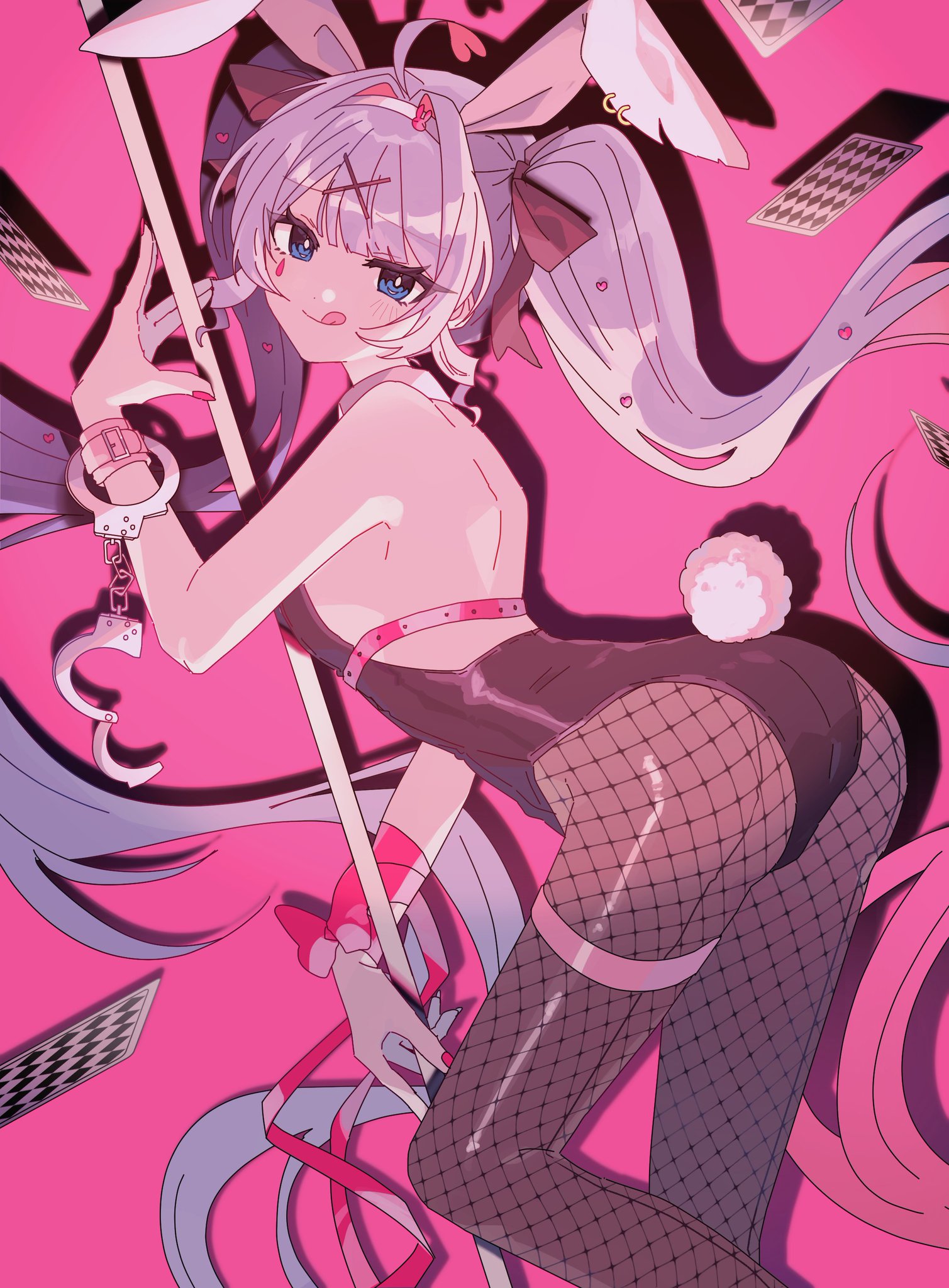 :q, 1girl, ahoge, animal ears, ass, ass focus, back, back view, bangs, bare shoulders, black leotard, blue eyes, blue hair, blush, bow, bowtie, breasts, bunny costume, bunny ears, bunny girl, bunny tail, bunnysuit, card, cards, cuffs, fake animal ears, female, female only, fishnet pantyhose, fishnets, hair, hair ornament, hairband, hand cuffs, handcuffs, happy, happy female, hatsune miku, heart, holding, leotard, long hair, looking at viewer, medium breasts, pantyhose, pink background, pink nails, playboy bunny, playing card, pole, pole dancer, pole dancing, purple hair, rabbit ears, rabbit hole (vocaloid), rabbit tail, ribbon, ribbon bondage, shadow, simple background, sky blue hair, skyw315, smile, smiling, smiling at viewer, solo, tail, thigh strap, tongue, tongue out, twintails, very long hair, vocaloid, wrist cuffs, x hair ornament