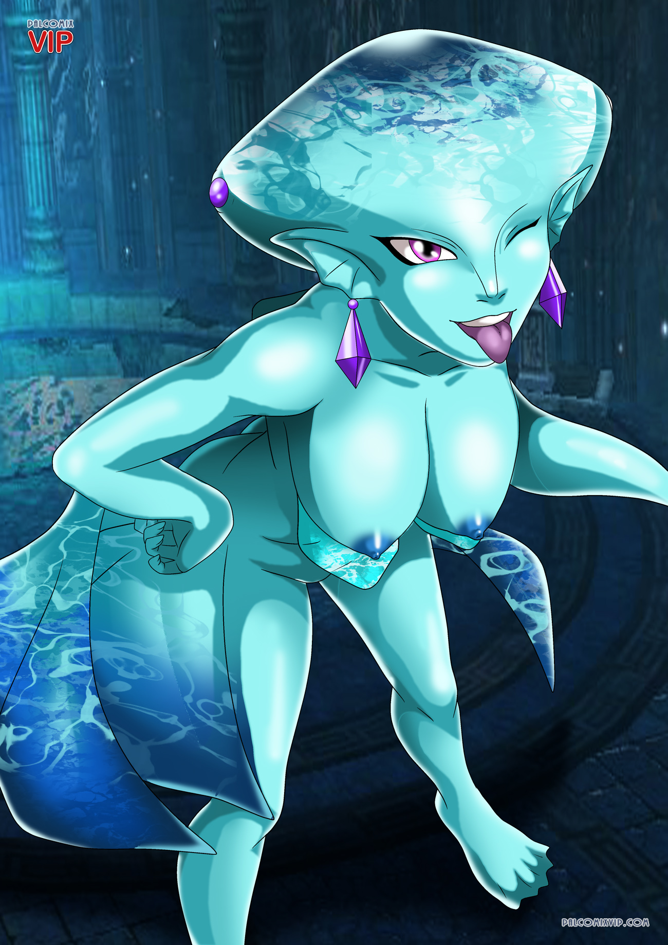1girls, bbmbbf, big breasts, blue skin, breasts, ear ring, earrings, female, female only, fin, fish girl, nintendo, nipples, nude, ocarina of time, ornament, palcomixvip.com, princess ruto, purple eyes, solo, the legend of zelda, tongue, tongue out, webbed feet, zora