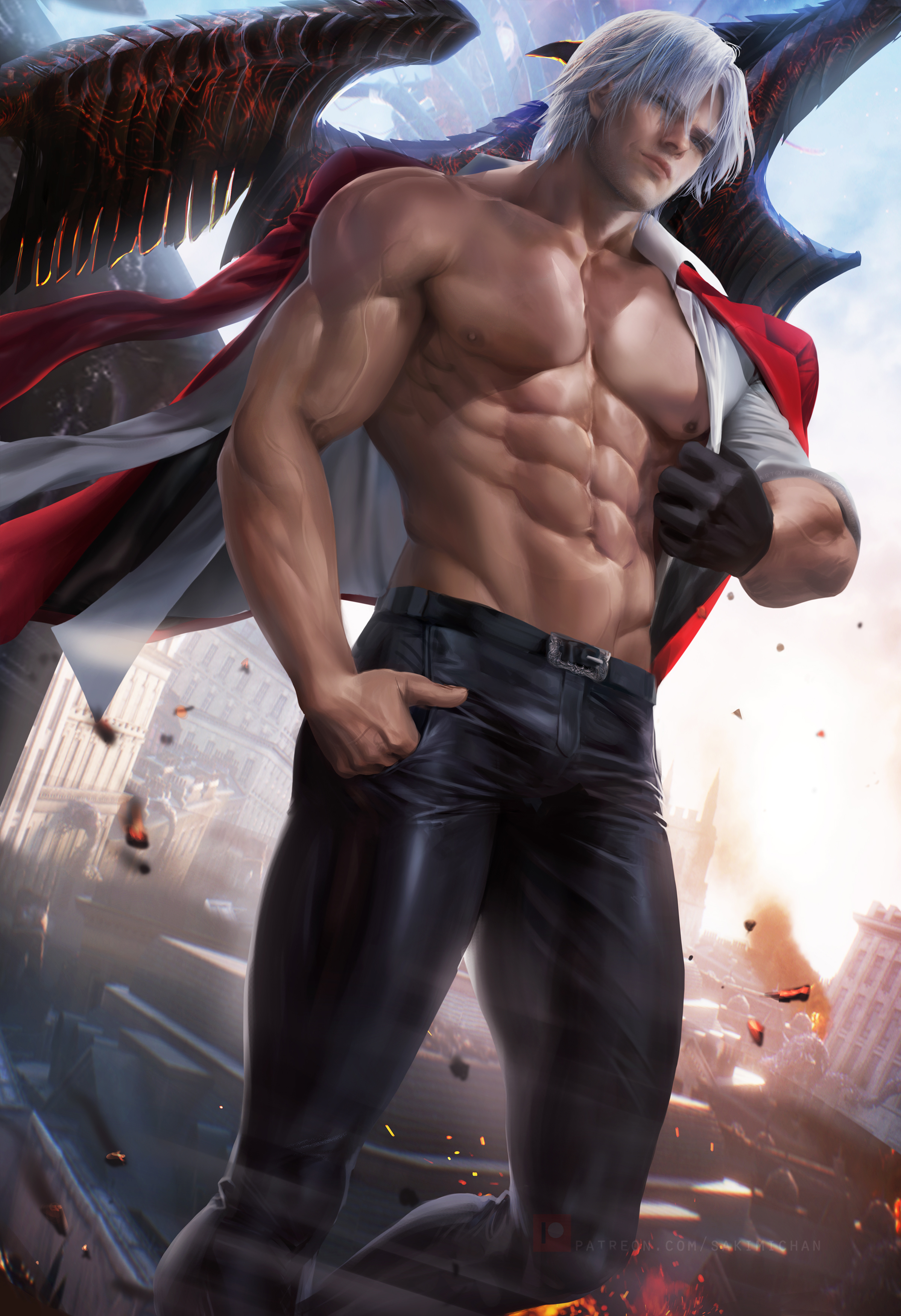 1boy, abs, bulge, dante (devil may cry), devil may cry, devil may cry (series), glove, hand in pocket, human, human only, looking at viewer, male, male nipples, male only, muscles, muscular, muscular male, nipples, sakimichan, shirtless, six pack, solo, solo male, veiny muscles, white hair