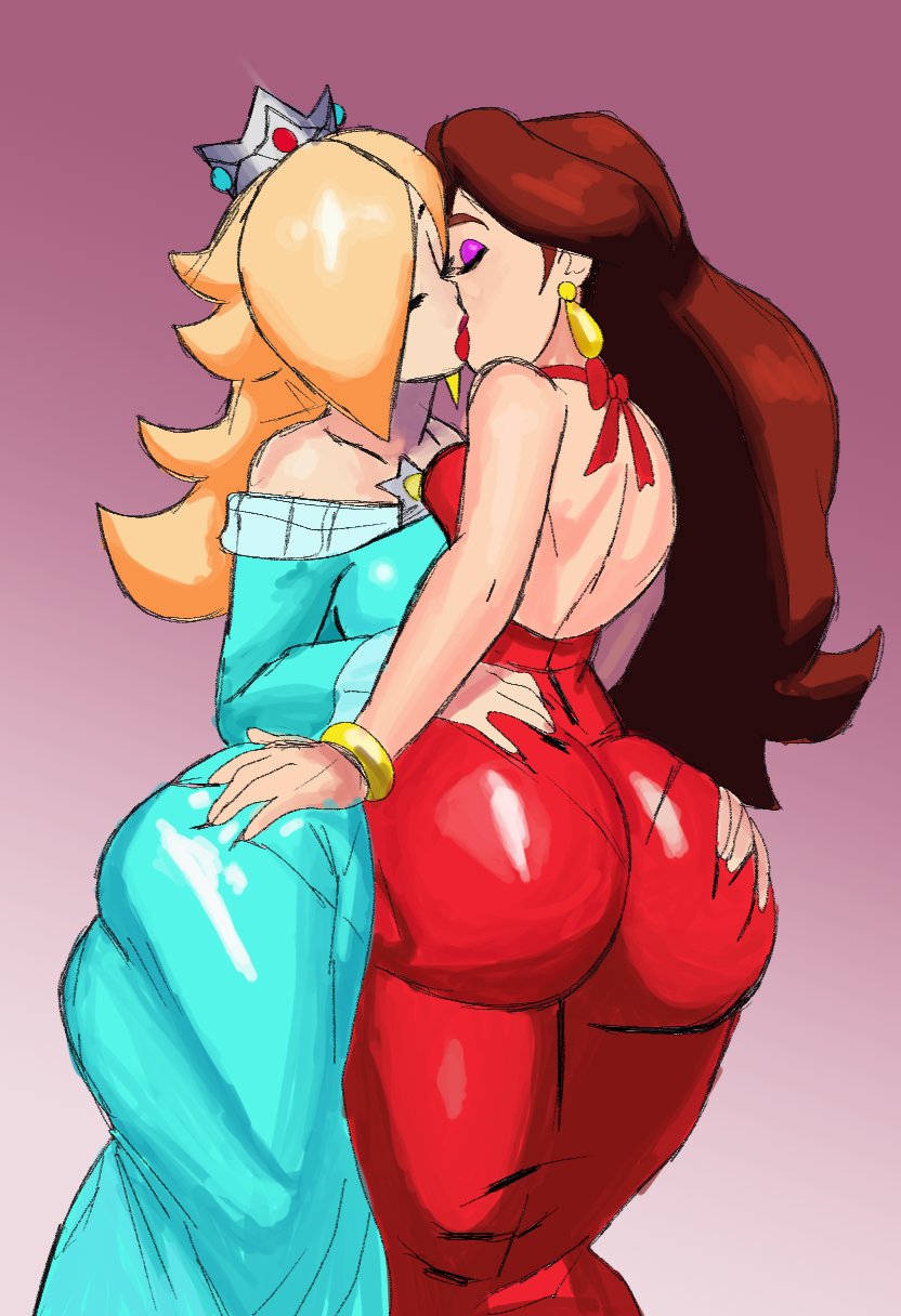 2girls, ass, ass grab, bare shoulders, big ass, big breasts, blonde hair, bracelet, brown hair, closed eyes, clothed, clothing, crown, dress, dumbwitchyy, earrings, female only, female/female, fully clothed, grabbing another's ass, gradient background, hair over one eye, kiss, kissing, lesbian kiss, lips, long hair, mario (series), multiple girls, nintendo, pauline, pauline (mario), princess rosalina, thick thighs, yuri