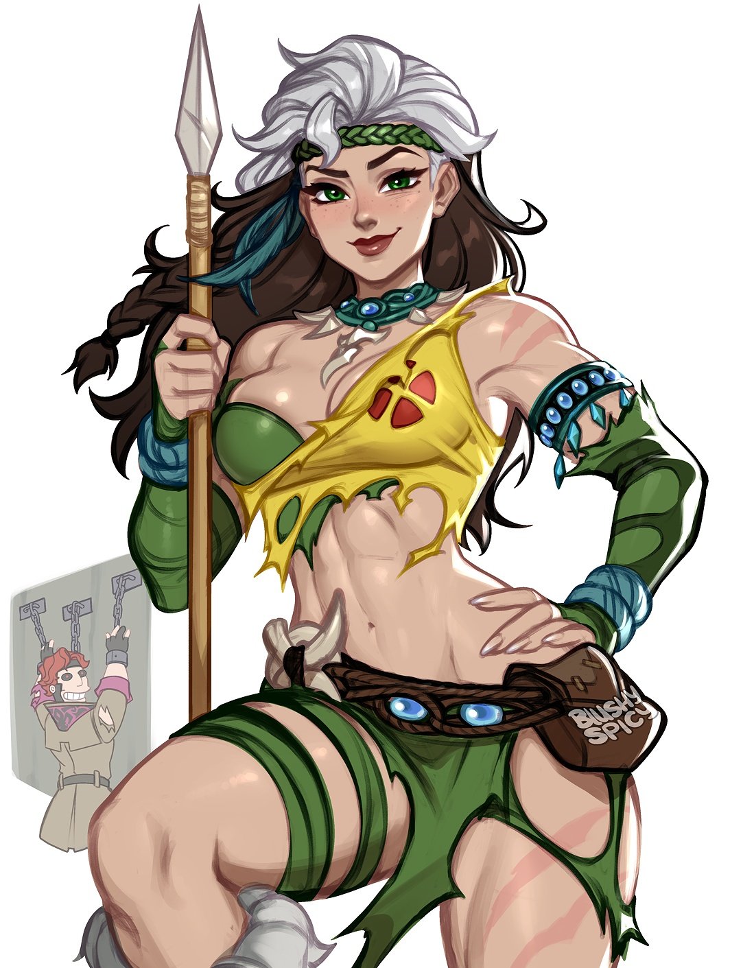 1boy, 1boy1girl, 1girls, anna marie, athletic female, blushypixy, blushyspicy, brown hair, cleavage, female, fingerless gloves, fit female, freckles, futurama, gambit, gambit (marvel rivals), green eyes, imminent sex, jungle girl, large breasts, loincloth, looking at viewer, marvel, marvel comics, marvel rivals, multicolored hair, rogue (marvel rivals), rogue (savage land), rogue (x-men), savage land, snusnu, solo, thick thighs, tooth necklace, torn clothes, white hair, x-men