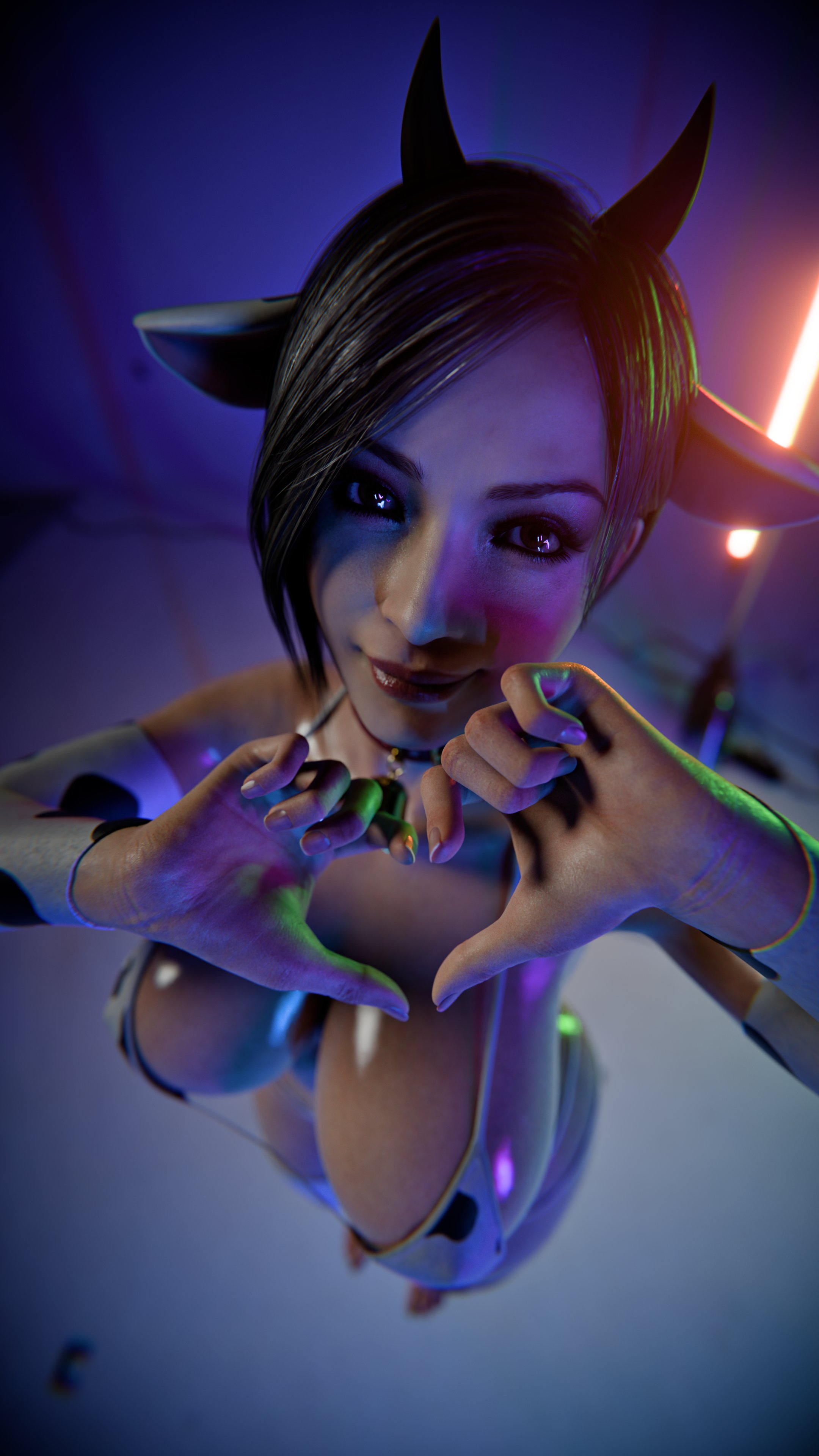 1girls, 3d, 3d (artwork), ada wong, big breasts, bikini, black hair, breasts, collar, cow ears, cow horns, cow print, curvy, heart symbol, huge breasts, oiled skin, r3xstone, resident evil, resident evil 4, resident evil 4 remake, smile, tagme, voluptuous, wide hips