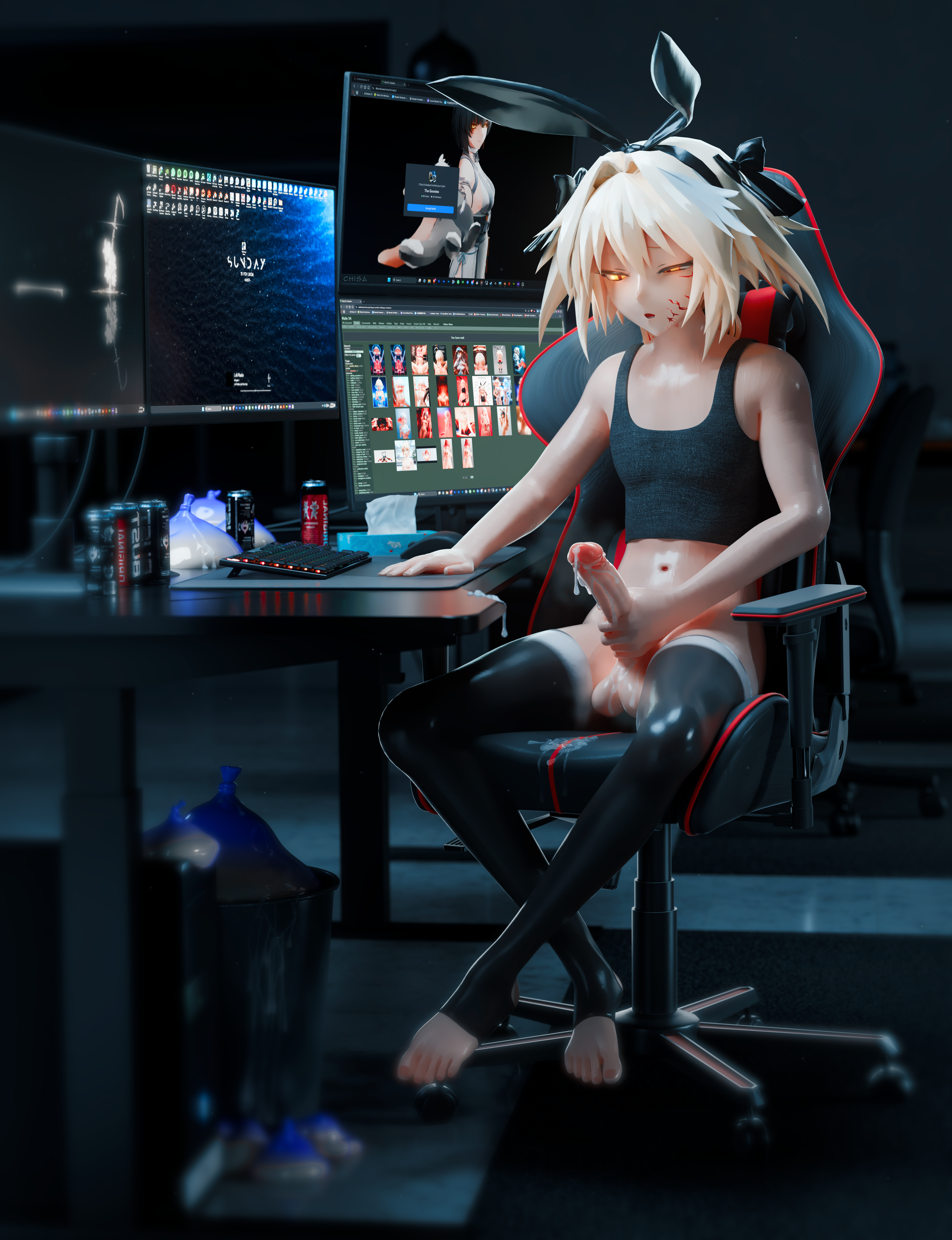 3d, 3d (artwork), 3d render, astolfo (fate), blender, blender (artwork), blender (software), blender cycles, blender3d, blonde hair, chisahito, computer, computer keyboard, computer monitor, computer mouse, condom balloon, cum, cum drip, cum on table, cumming, cumming on self, desktop, desktop screen, discord (app), energy drink, erection, exposed navel, fate (series), fate/apocrypha, female rover (wuthering waves), femboy, femboy focus, femboy only, gaming chair, glowing eyes, hard cock, masturbating, masturbation, monitor, penis, ribbons, rover (wuthering waves), rule34, steam, stroking own cock, stroking penis, tank top, thighhighs, tissue box, tissues, trap, used condom