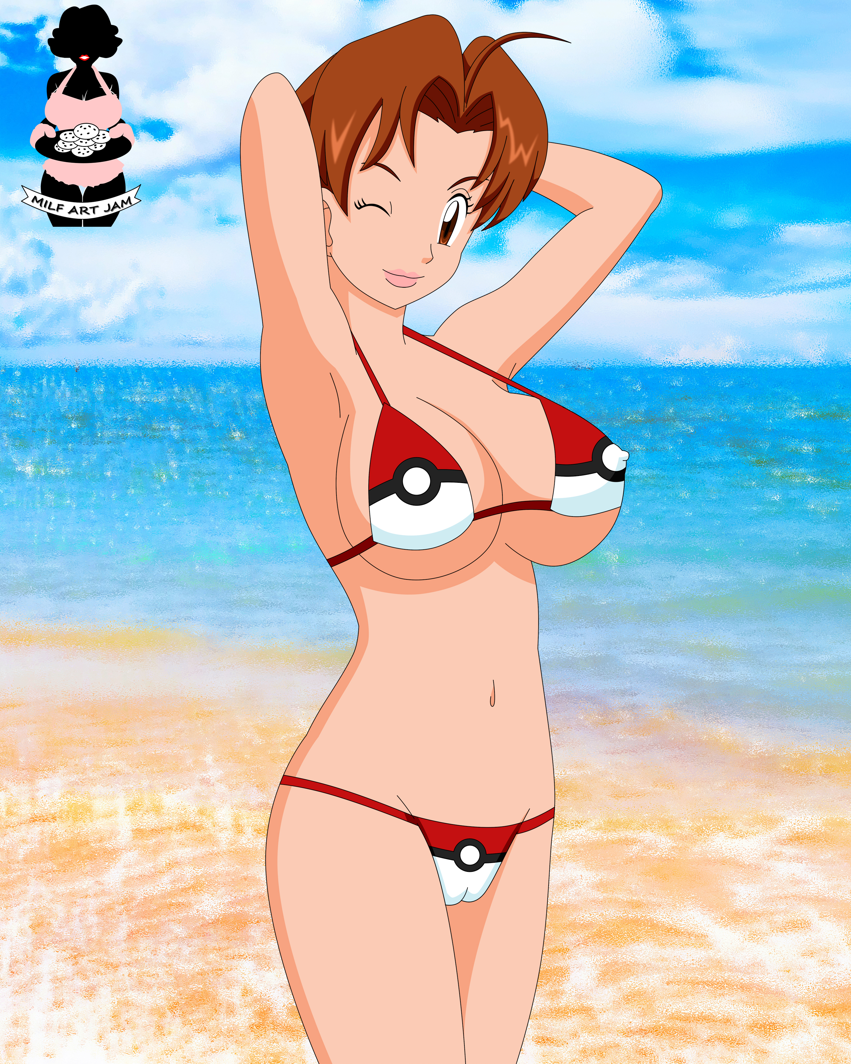 1girls, armpits, arms behind back, arms up, ass, beach, belly, big breasts, bikini, blue background, breasts, brown eyes, brown hair, cameltoe, cleavage, clothed, clouds, day, delia ketchum (pokemon), deviantart, earrings, erect nipples, eyebrows, eyelashes, female, female only, hair, human, human only, lipstick, long hair, looking at viewer, midriff, milf, mother, nintendo, nipples, ocean, outdoors, parent, pervyangel, pokemon, pokemon rgby, pose, print bikini, pussy, red lipstick, sand, sideboob, sky, smile, solo, standing, text, thick thighs, underboob, water, watermark, wide hips