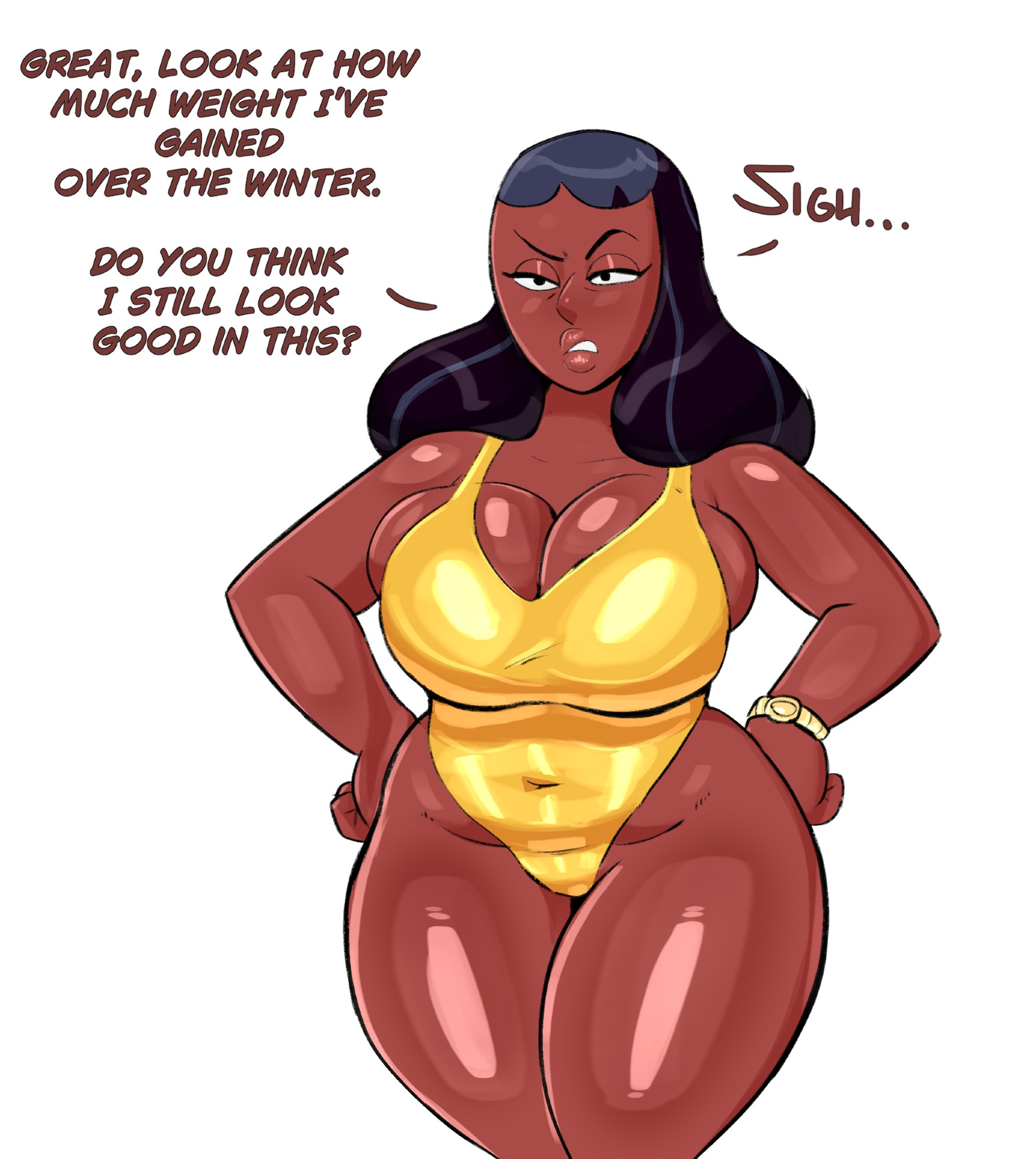 1girls, about to burst, alternate version available, armwear, ass too big, barely contained, barely contained breasts, barely fits, big breasts, black eyes, black hair, breasts, breasts too big, clothing, english, english text, female, female focus, female only, guillion (toshkarts), hair, half-closed eyes, hands on hips, hips, huge breasts, imminent wardrobe malfunction, inconvenient ass, inconvenient boobs, inconvenient breasts, inconvenient butt, lips, long hair, mature, mature female, mature woman, milf, mother, one-piece swimsuit, onomatopoeia, priyanka maheswaran, solo, solo focus, steven universe, straining clothing, swimsuit, swimwear, talking to another, talking to offscreen, text, thick thighs, thighs, tight fit, tight swimsuit, tight swimwear, too tight, undersized clothes, undersized clothing, voluptuous, voluptuous female, watch, wide hips, yellow swimsuit