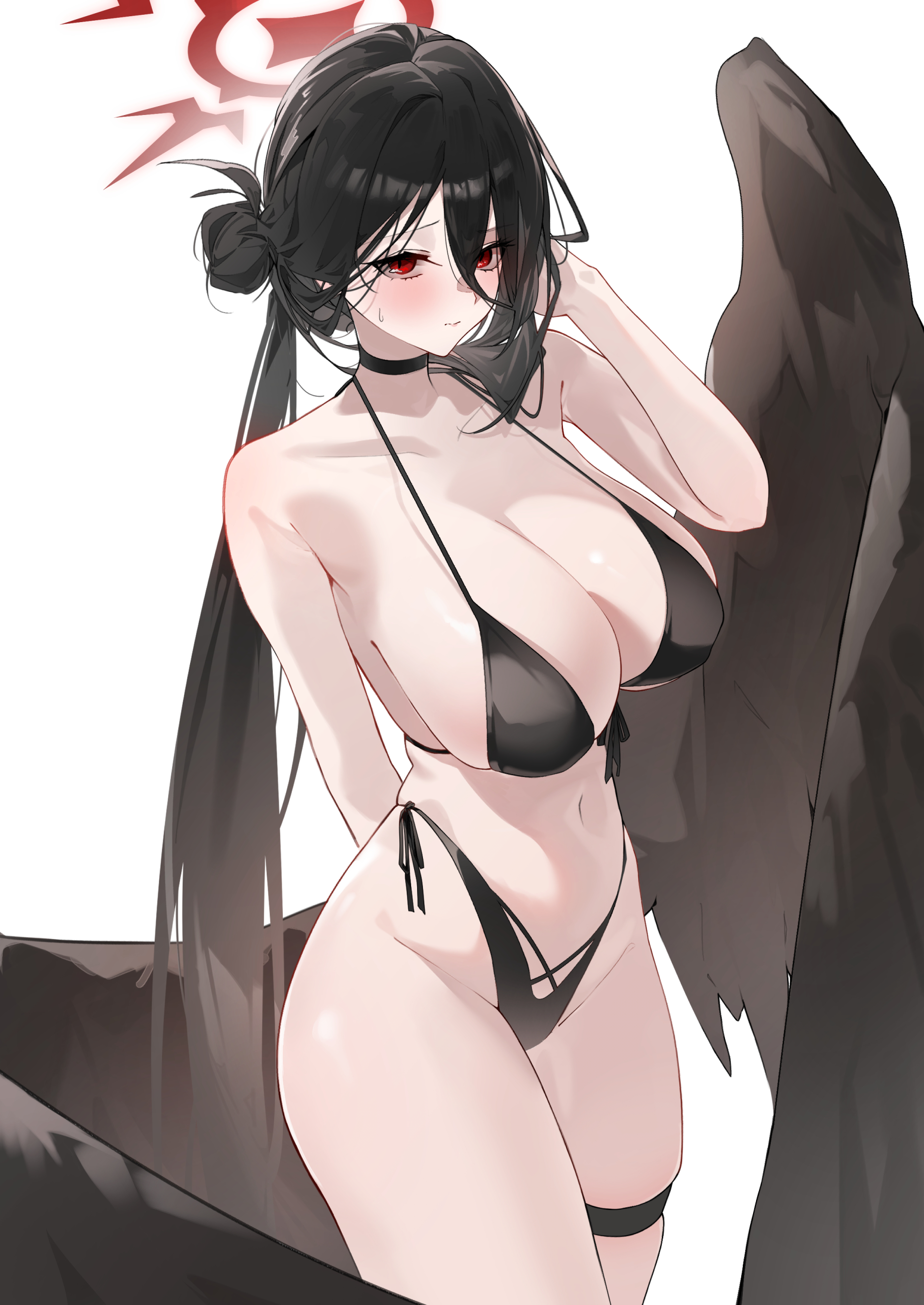 absurdres, arm behind back, bare shoulders, bikini, black bikini, black choker, black hair, black wings, blue archive, breasts, choker, cleavage, commentary, feathered wings, female, female only, hair between eyes, hair bun, halo, hasumi (blue archive), hasumi (swimsuit) (blue archive), highres, huge breasts, leo795, long hair, looking at viewer, low wings, navel, official alternate costume, official alternate hairstyle, red eyes, red halo, side-tie bikini bottom, simple background, solo, stomach, swimsuit, white background, wings
