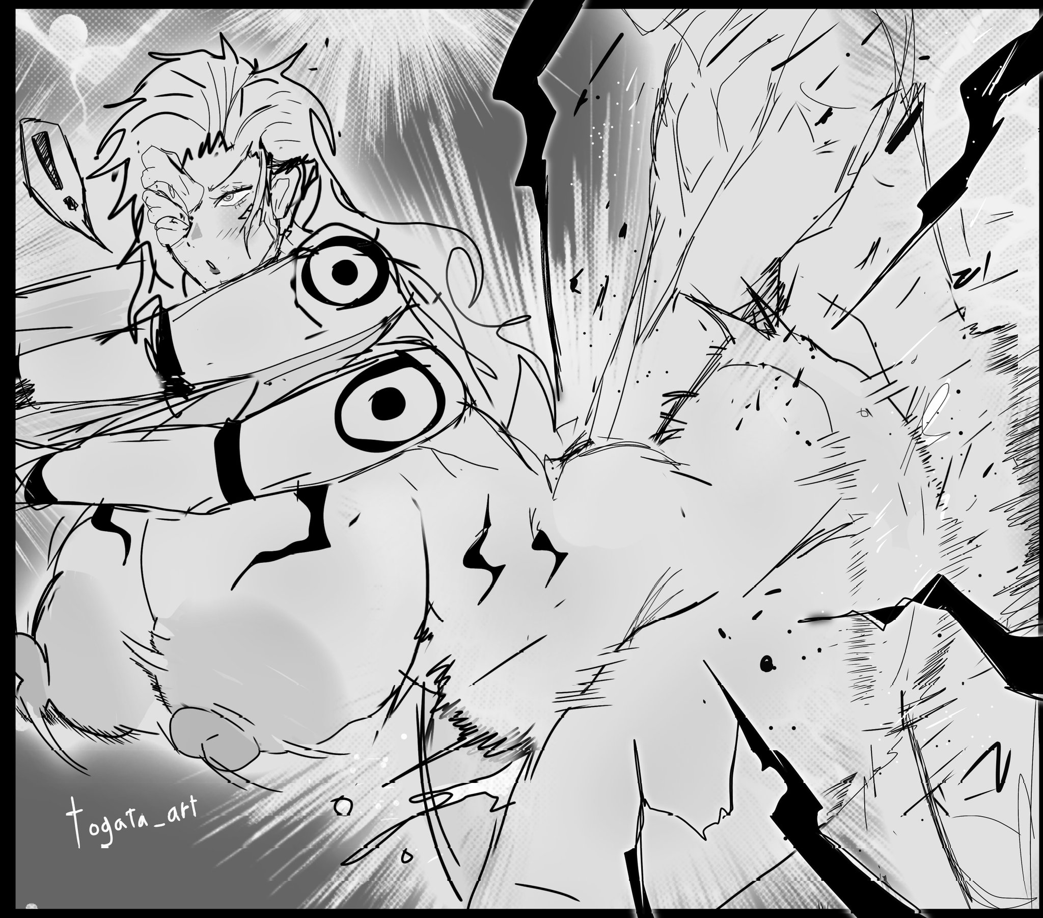 1boy, 1boy1girl, big ass, big breasts, big nipples, big thighs, black and white, black flash, cum in pussy, cum inside, during sex, female, four arms, fucked from behind, fucked into submission, genderswap (mtf), itadori yuuji, jujutsu kaisen, long hair, rule 63, ryoumen sukuna (jujutsu kaisen), stomach bulge, tattoos, togata art, vaginal penetration, vaginal sex