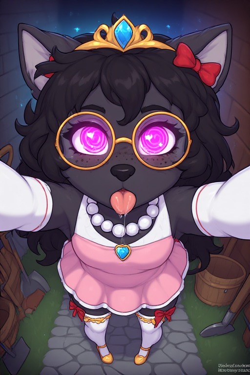 ai_generated canine clothing cub dress drooling female furry girl glasses human hypnotic_eyes hypnotizing_viewer jaylus_ai_testing_(artist) looking_at_viewer makeup pretty_dress princess solo tiara tongue tongue_out wolf young