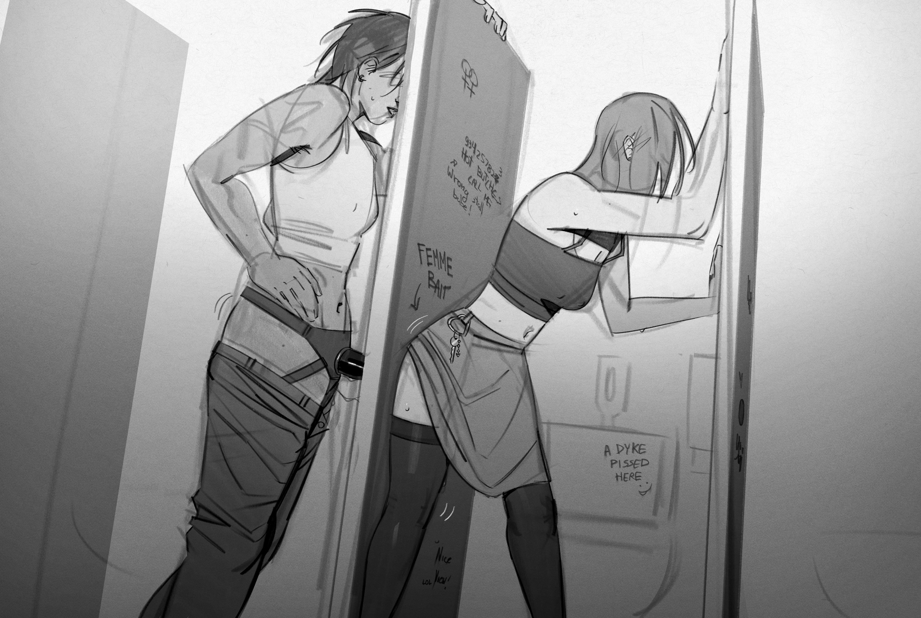 2girls, arcane, arcane caitlyn, arcane vi, black and white, blush, bottomless, caitlyn kiramman, covered eyes, dildo in pussy, dildo penetration, glory hole, hole in wall, key, league of legends, leaning against wall, leaning forward, long hair, looking pleasured, monochrome, muscular, muscular female, pants down, riot games, short hair, sketch, skirt, slim waist, stall, standing, standing sex, steemyart, strap-on, thighhighs, toilet, toilet stall, vaginal penetration, vi, wet, wet pussy, writing, yuri