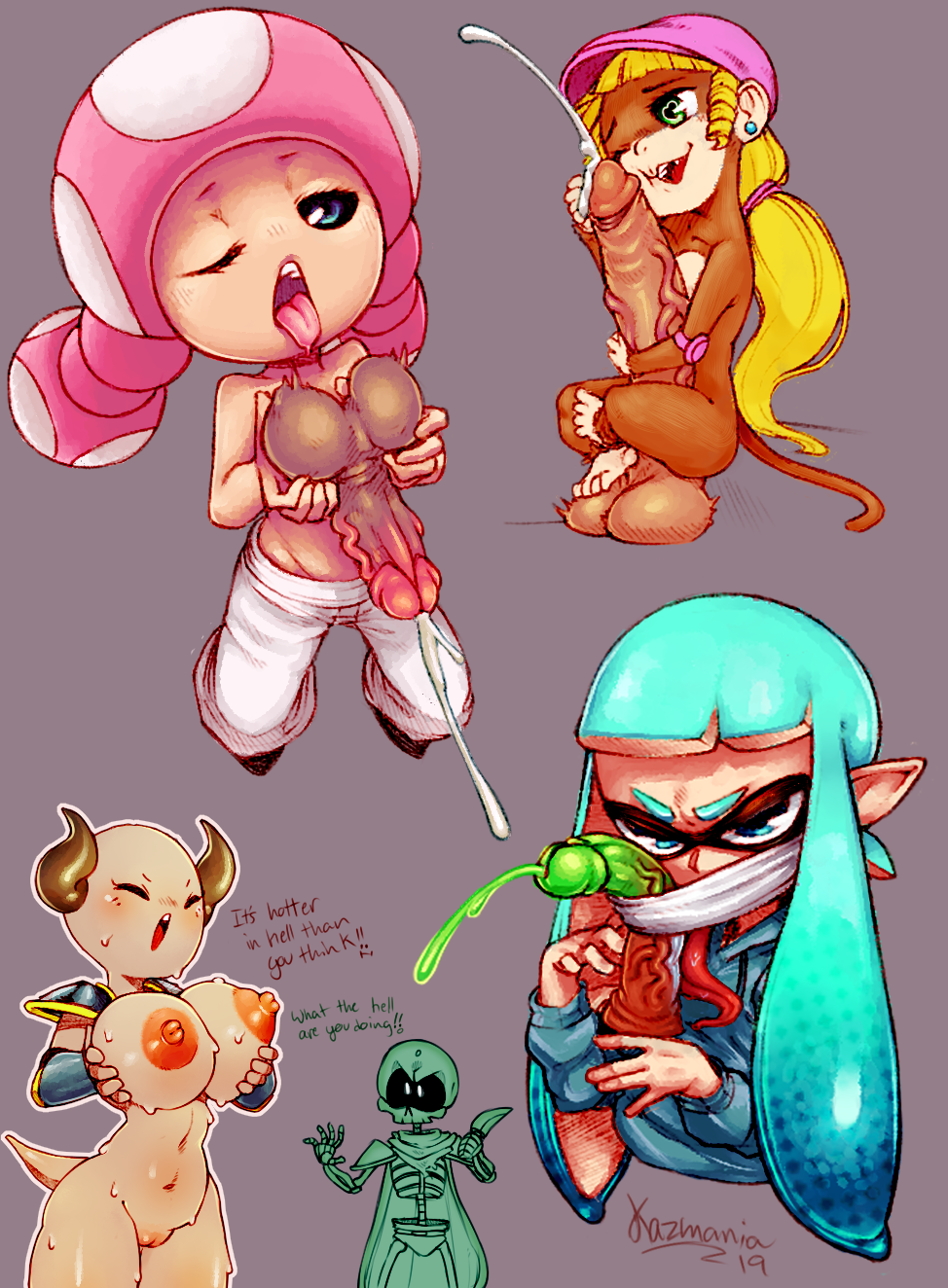 big_balls big_breasts black_penis blonde_hair blue_eyes blue_hair bodyjob breasts color crossover cum cute demon demon_girl dialogue dixie_kong donkey_kong_(series) english_text female futanari green_eyes hat heart-shaped_pupils huge_cock inkling inkling_girl intersex kazmania large_penis long_tongue marina_(splatoon) mario_(series) mask monkey nintendo nipples open_mouth original_character penis plain_background shirtless simple_background skeleton splatoon splatoon_2 sweat sweater tail testicles text thick_thighs toadette