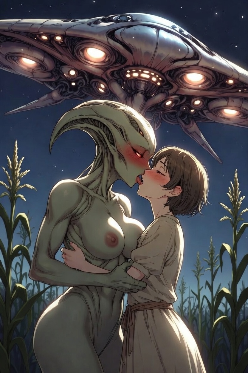 2girls ai_generated alien_girl alien_humanoid blush brown_hair closed_eyes clothed_female_nude_female cornfield cornrows elongated_head extraterrestrial female/female female_only glowing_eyes green_skin hairless height_difference kissing large_breasts light-skinned_female lovers married_couple medieval middle_ages night_sky nipples peasant_woman red_eyes reincarnation reunion romantic_night short_hair spaceship stars tongue_kiss white_female wife_and_wife yuri