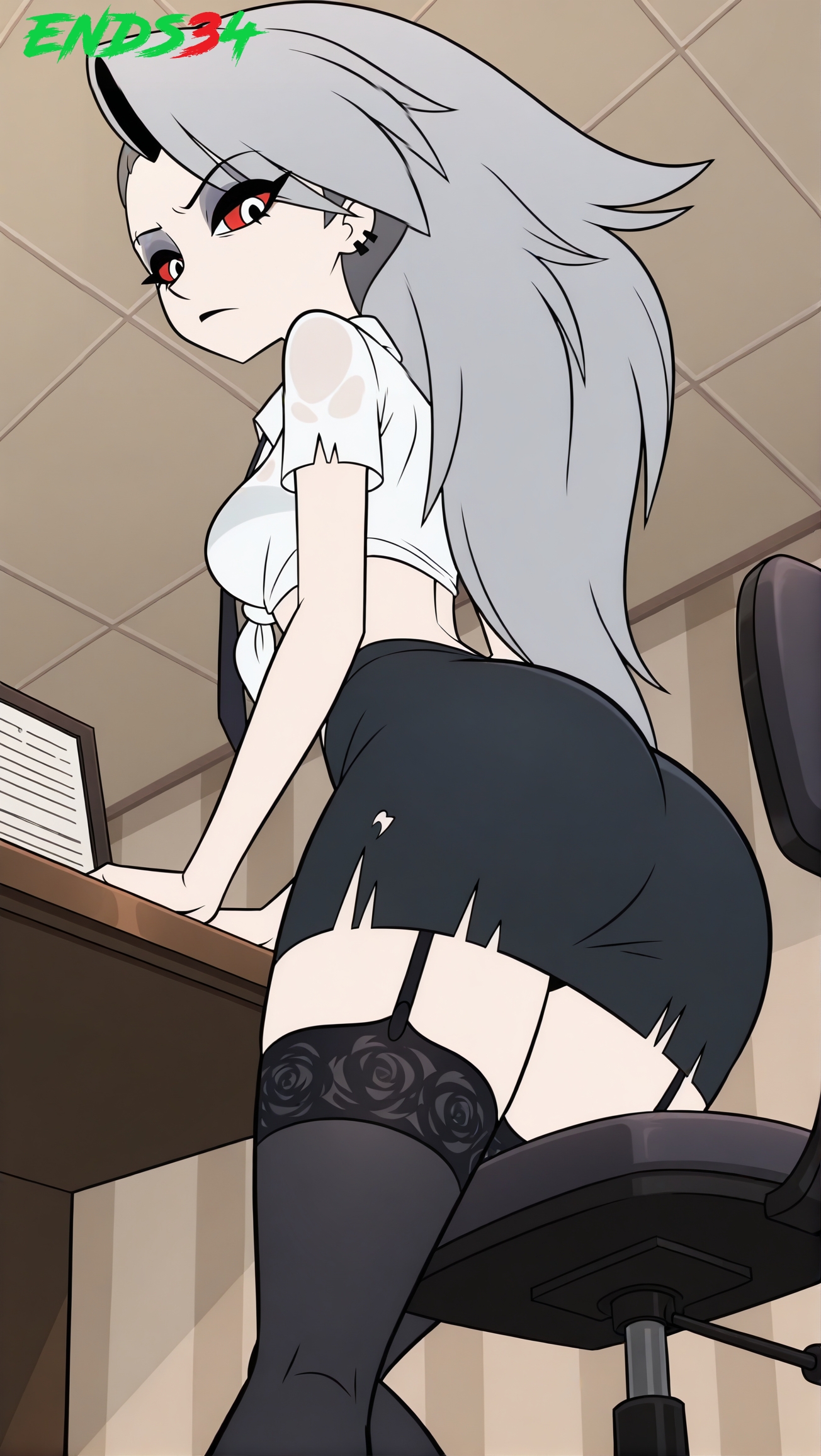 ai generated, ends34, female, female focus, female only, goth girl, helluva boss, human loona, loona (helluva boss), office lady, red eyes