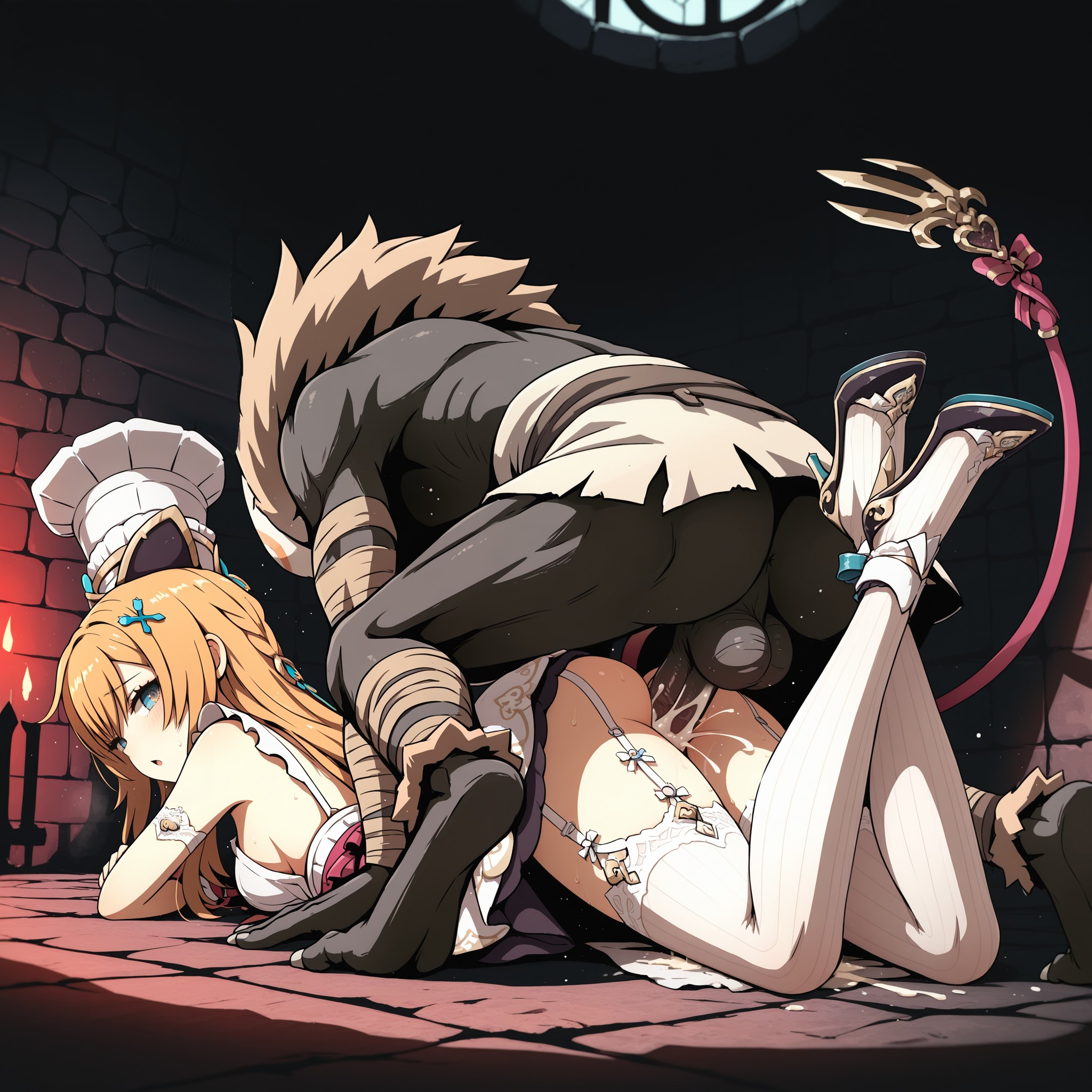 1boy, ai generated, anthro, armlet, ass, balls, black skin, blonde hair, blue eyes, braid, breasts, candle, chef hat, cum, cum in pussy, cum overflow, dark-skinned male, duo, escoffier (genshin impact), female, garter straps, genshin impact, hair ornament, hat, high heels, hilichurls (species), indoors, interspecies, legs up, long hair, lying, male, medium breasts, monster, no panties, on stomach, orange hair, penis, prone bone, sex, sex from behind, shoe soles, sideboob, straight, tail, testicles, thighhighs, vaginal penetration, white footwear, white hat, white thighhighs