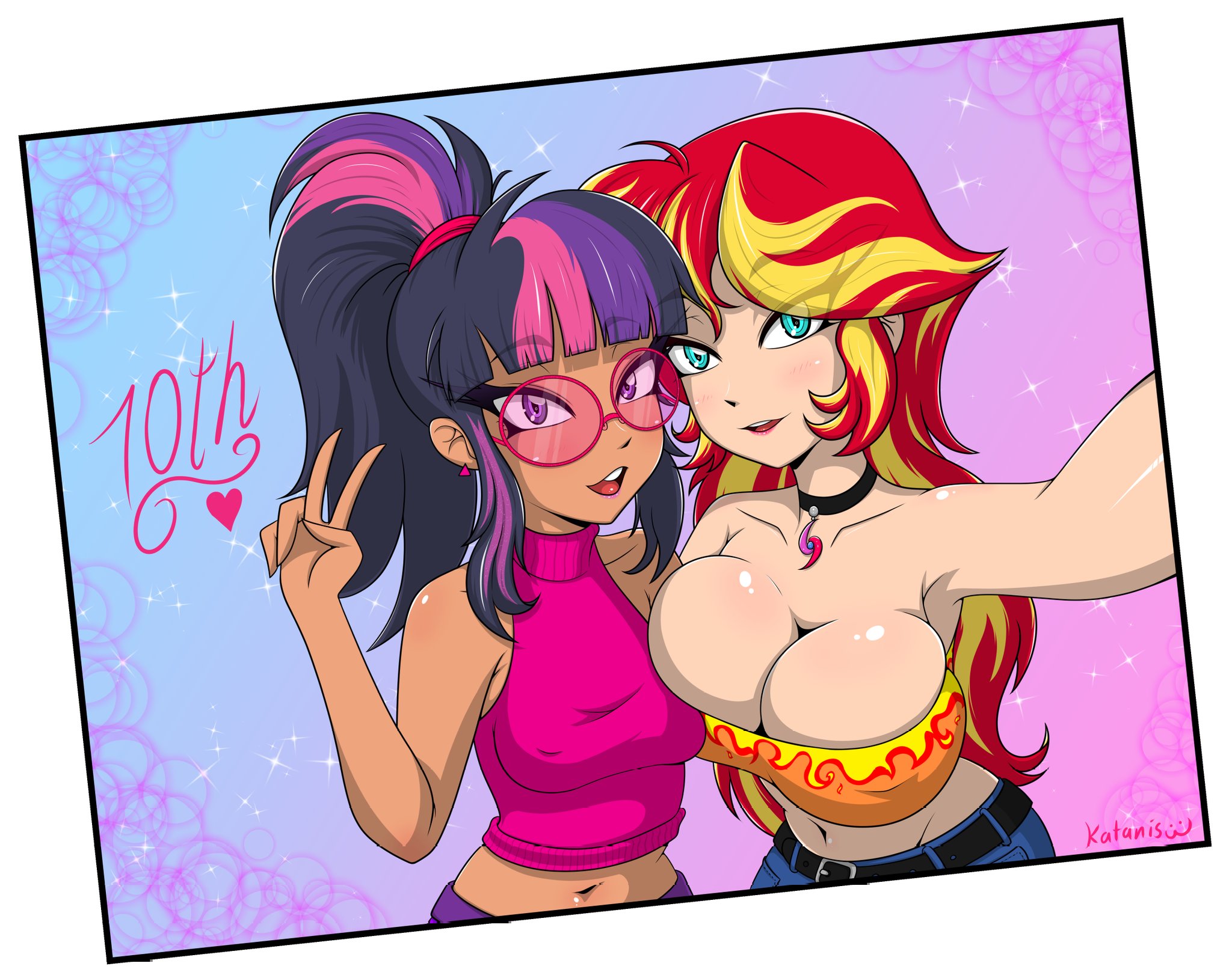 big breasts, equestria girls, katanis, my little pony, no bra, sci-twi, sunset shimmer, twilight sparkle (mlp)