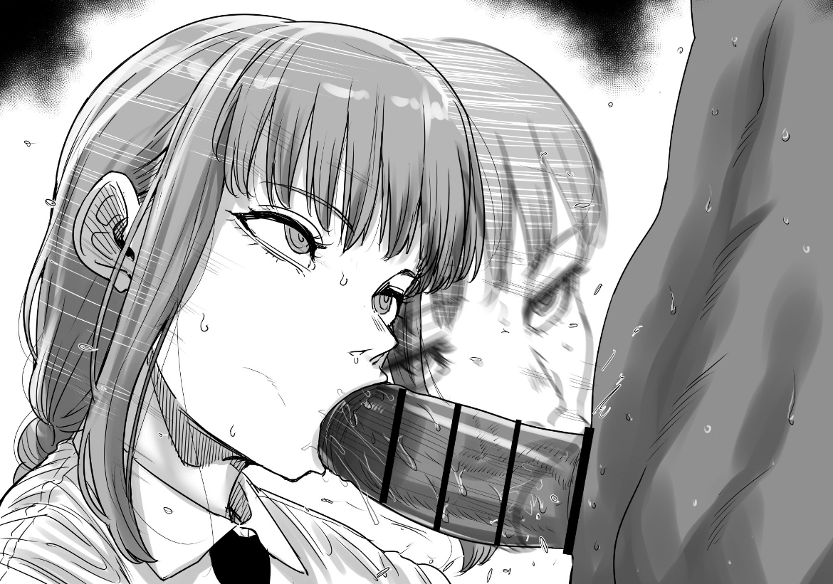 bangs, big penis, blowjob, braided hair, chainsaw man, dark-skinned male, fellatio, greyscale, kaiman garupan, makima (chainsaw man), male/female, oral, penis, penis in mouth, sex, snot, suit and tie, veins on dick