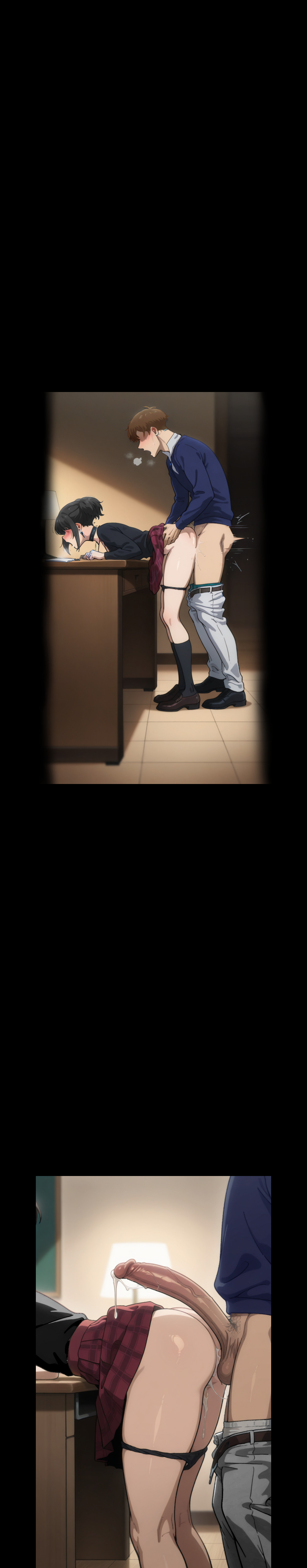 1boy, 1girls, affair, after orgasm, after sex, after vaginal, against surface, against table, ai generated, arched back, ass, ass clap, ass clapping, ass focus, ass out, ass press, ass up, attack on titan, bedroom, bending over, bent over, betrayal, big ass, blush, butt focus, cheating, close up, close-up, closeup, clothed, clothed sex, clothing, cum, cum in pussy, cum inside, desk, disgrace, doggy style, exposed ass, female, full body, goth, goth girl, goth mikasa, gothic, gothic girl, implied cum inside, implied penetration, implied sex, implied vaginal, indoors, intense orgasm, intense sex, jean kirstein, leaning on object, leaning on table, legs, male, mikasa ackerman, netorare, netorase, ntr, on desk, open mouth, orgasm, out of character, panties, panties down, pants, pants down, sex, sex from behind, shingeki no kyojin, side view, skirt, skirt lift, standing, thighs, thrusting, twintails, unfaithful, vaginal penetration, vaginal sex
