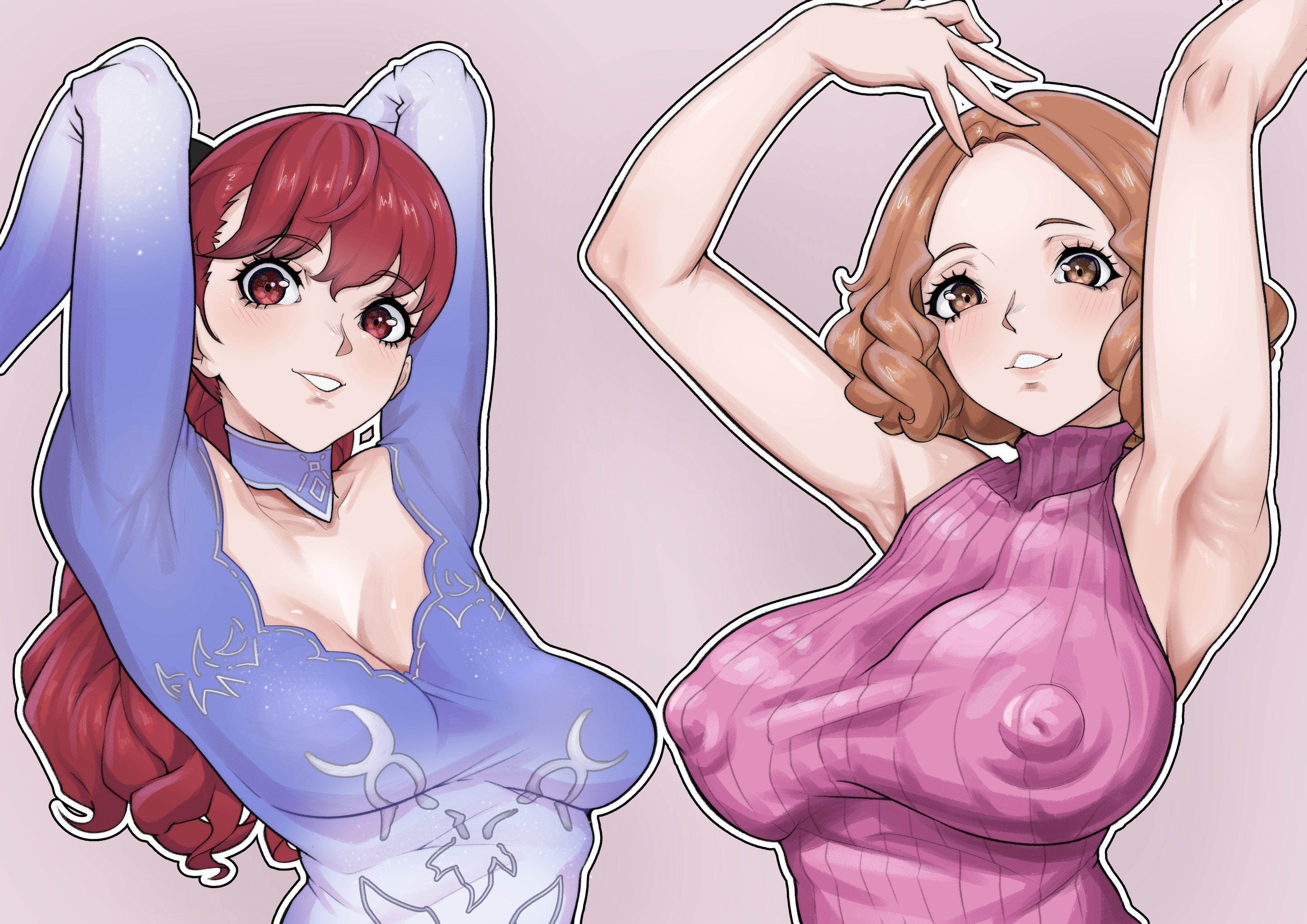 2girls, armpits, arms up, big breasts, breasts, brown eyes, brown hair, byme, cleavage, covered nipples, female, female only, haru okumura, kasumi yoshizawa, large breasts, long hair, looking at viewer, nipples visible through clothing, official alternate costume, persona, persona 5, red eyes, red hair, ribbed sweater, sleeveless, smile, sumire yoshizawa, sweater, tagme