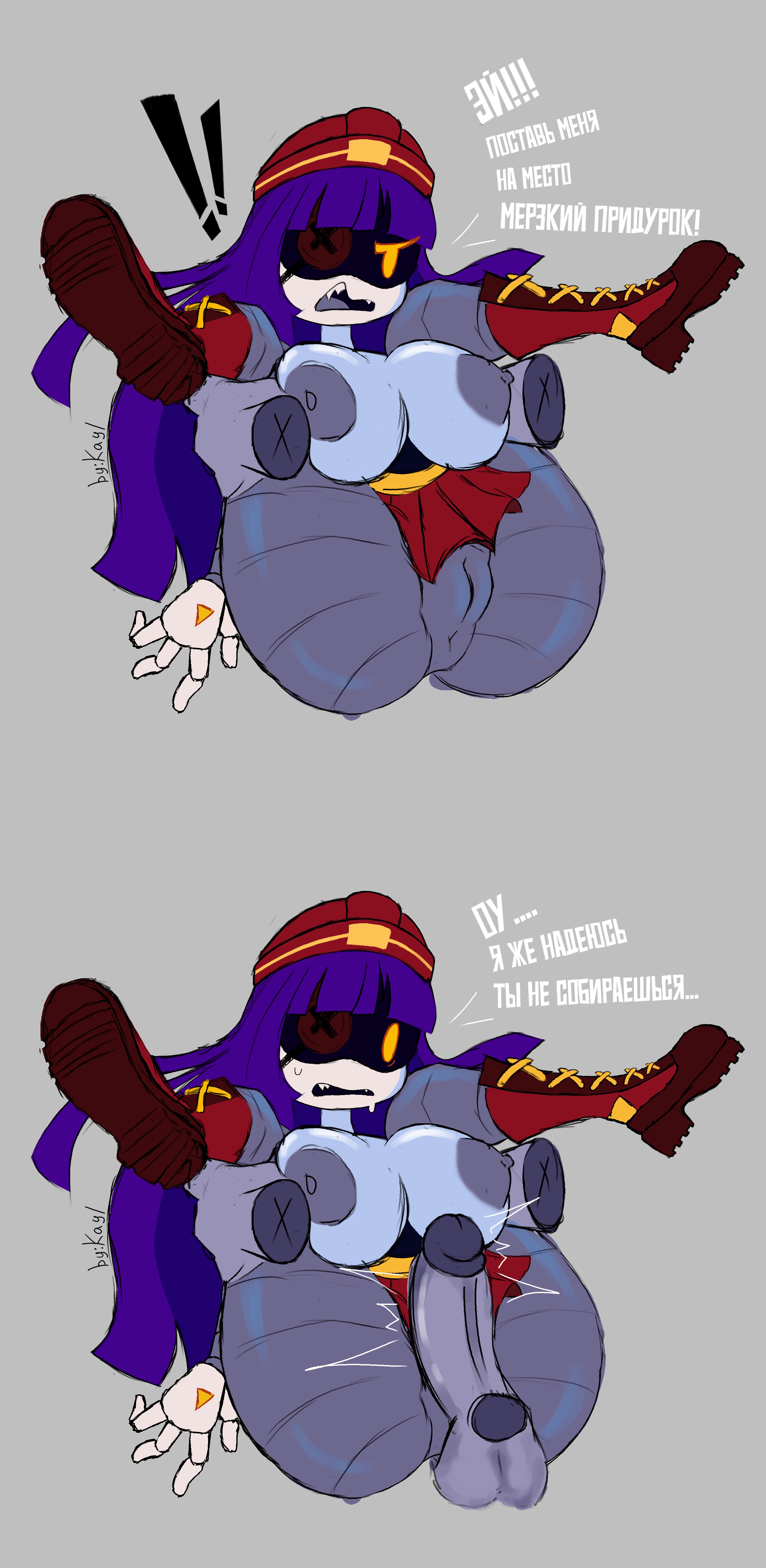 1boy, 1girls, ass, big ass, big breasts, big hips, big penis, boots, bottomwear, breasts, casual, casual nudity, construction helmet, dick, doll (murder drones), eye patch, female, glitch productions, helmet, hips, holding legs, kayl, long hair, looking at penis, male, male/female, murder drones, nipples, no underwear, one eye closed, penis, purple hair, red eyes, robot, robot girl, robot humanoid, russian text, skirt, surprised, surprised expression, tagme, teasing, text, thick legs, thick thighs, topless, translation request, underass, wide hips, worker drone