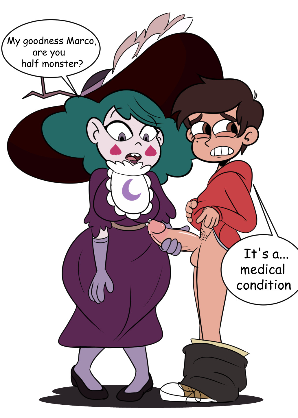 clothed clothed_female_nude_male disney disney_channel disney_xd eclipsa_butterfly embarrassed huge_cock latino latino_male_white_female marco_diaz pale-skinned_female penis_awe penis_grab sonson-sensei star_vs_the_forces_of_evil text white_female yaboisonson