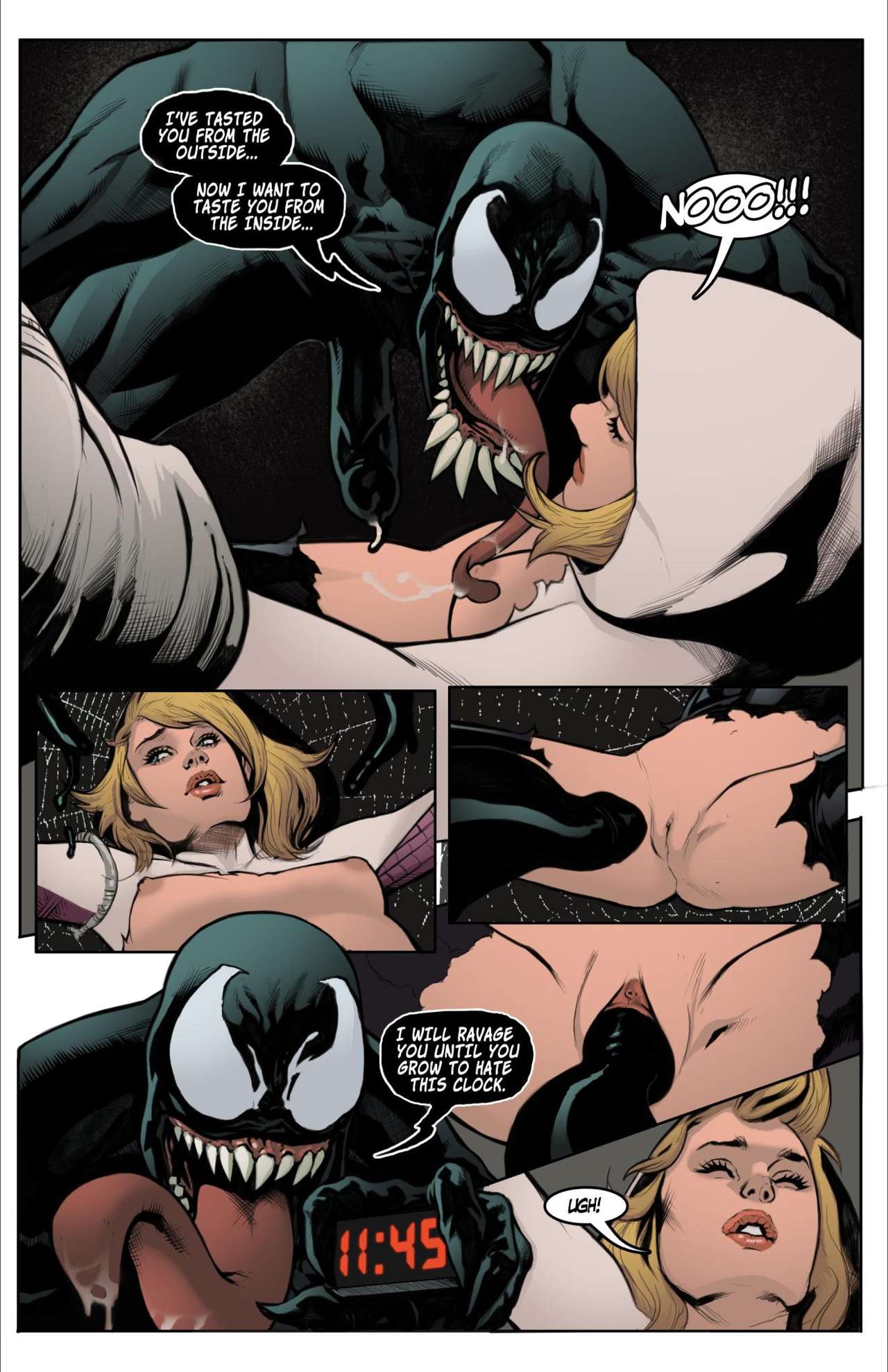 1boy, 1girls, alien, ass, blonde hair, breasts, clothing, female, gwen stacy, imminent sex, interspecies, long hair, long tongue, male, marvel, marvel comics, nude, open mouth, penetration, penis, pussy, restrained, shade jones, she-venom, spider-gwen, spider-man (series), spread legs, symbiote, tentacle, tentacle penis, text, torn clothes, vaginal penetration, venom, venom (marvel)