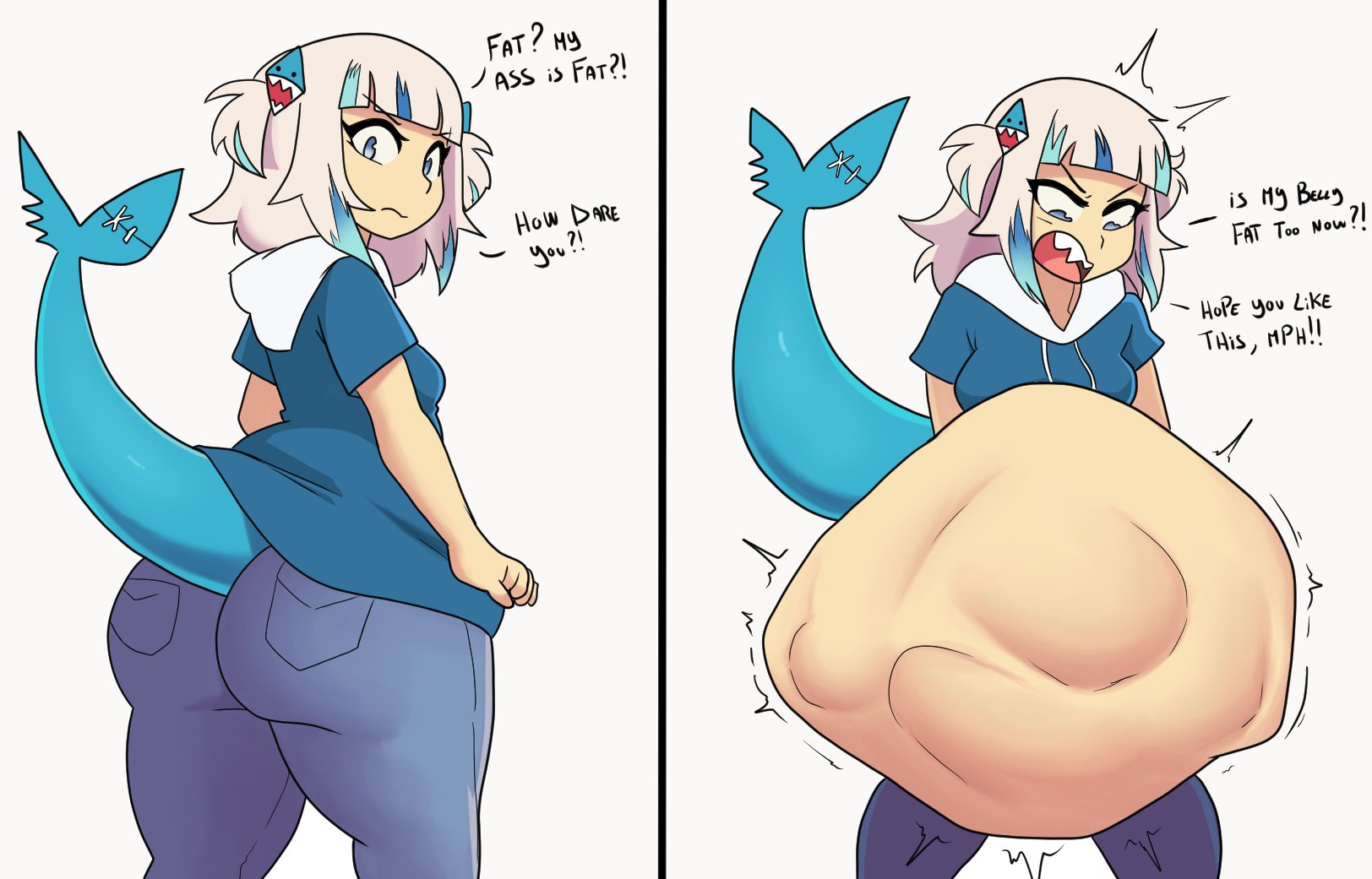 1girls, angry, angry expression, aplefrit, bloated belly, digestion, fat ass, fatal vore, gawr gura, hololive, hololive english, huge belly, prey outline, shark, shark tail, virtual youtuber, vore, vore belly, vtuber