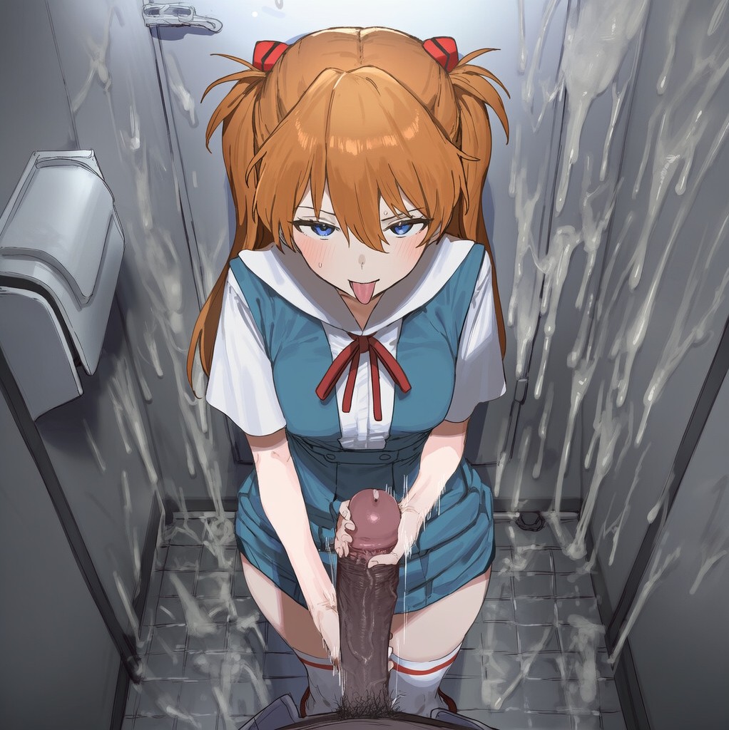 ai generated, asuka langley sohryu, big penis, blue eyes, blush, cum, cum drip, cum on wall, dark-skinned male, excessive cum, handjob, interracial, large penis, neon genesis evangelion, orange hair, penis, pluqqi, pov, red hair, school uniform, schoolgirl, thick thighs, thighhighs, thighs, toilet, toilet stall, tongue, tongue out
