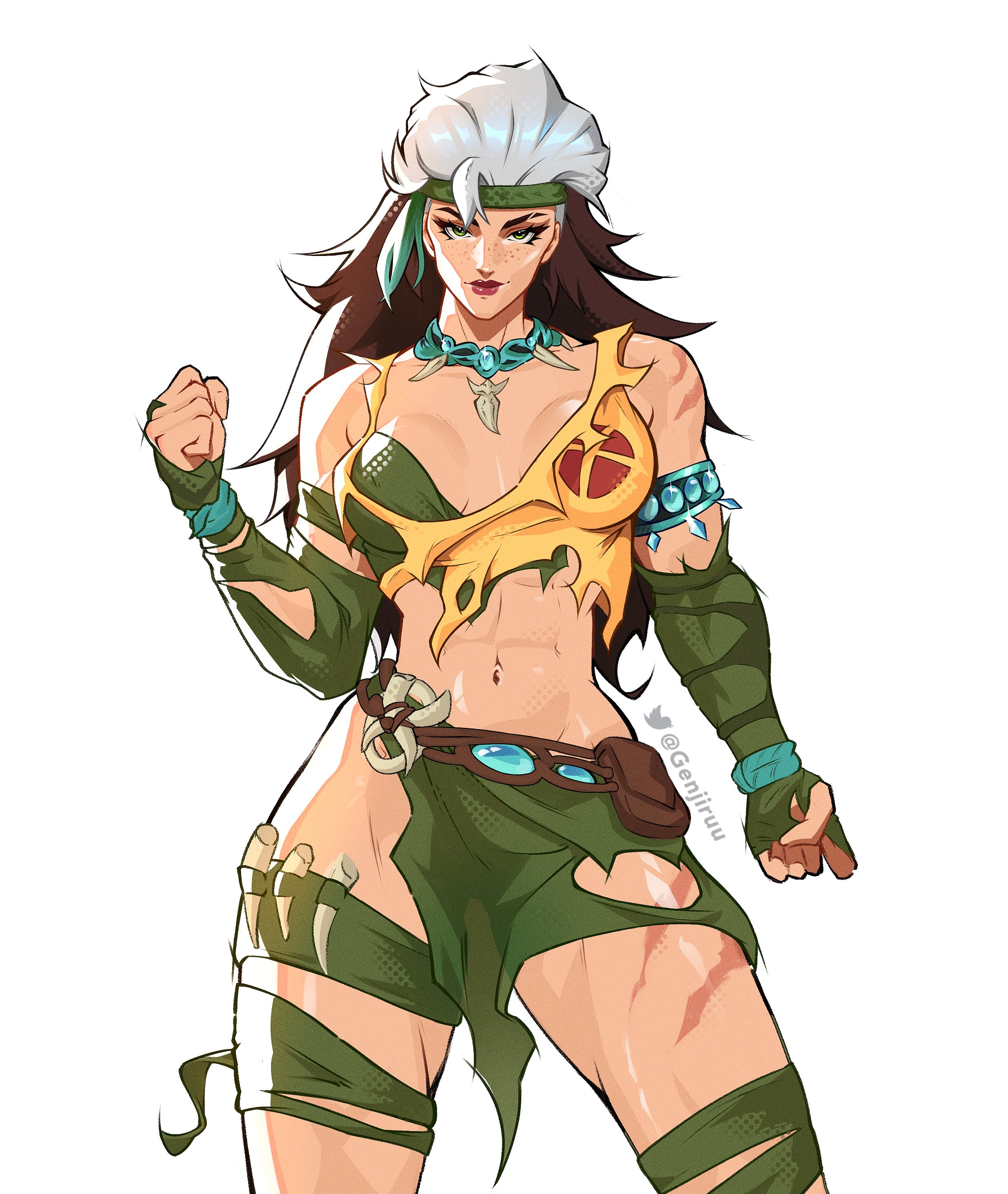 1girls, abs, anna marie, athletic female, brown hair, cave girl, cavegirl, cavewoman, cleavage, female, female only, fingerless gloves, fit female, freckles, genjiruu, green eyes, headband, jungle girl, large breasts, loincloth, long hair, looking at viewer, marvel, marvel comics, marvel rivals, multicolored hair, rogue (marvel rivals), rogue (savage land), rogue (x-men), savage land, solo, tarzan, tooth necklace, white hair