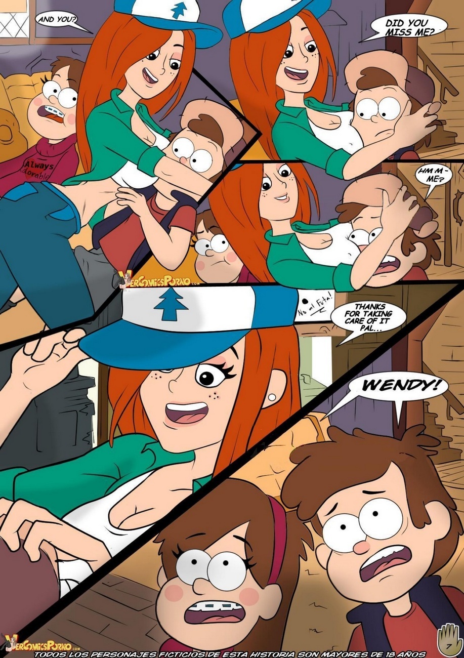 1boy 2girls artist_request baseball_cap cleavage comic dipper_pines disney disney_channel english_text female gravity_falls mabel_pines male multiple_girls orange_hair pine_tree_(symbol) redhead smooth_skin tagme text wendy_corduroy