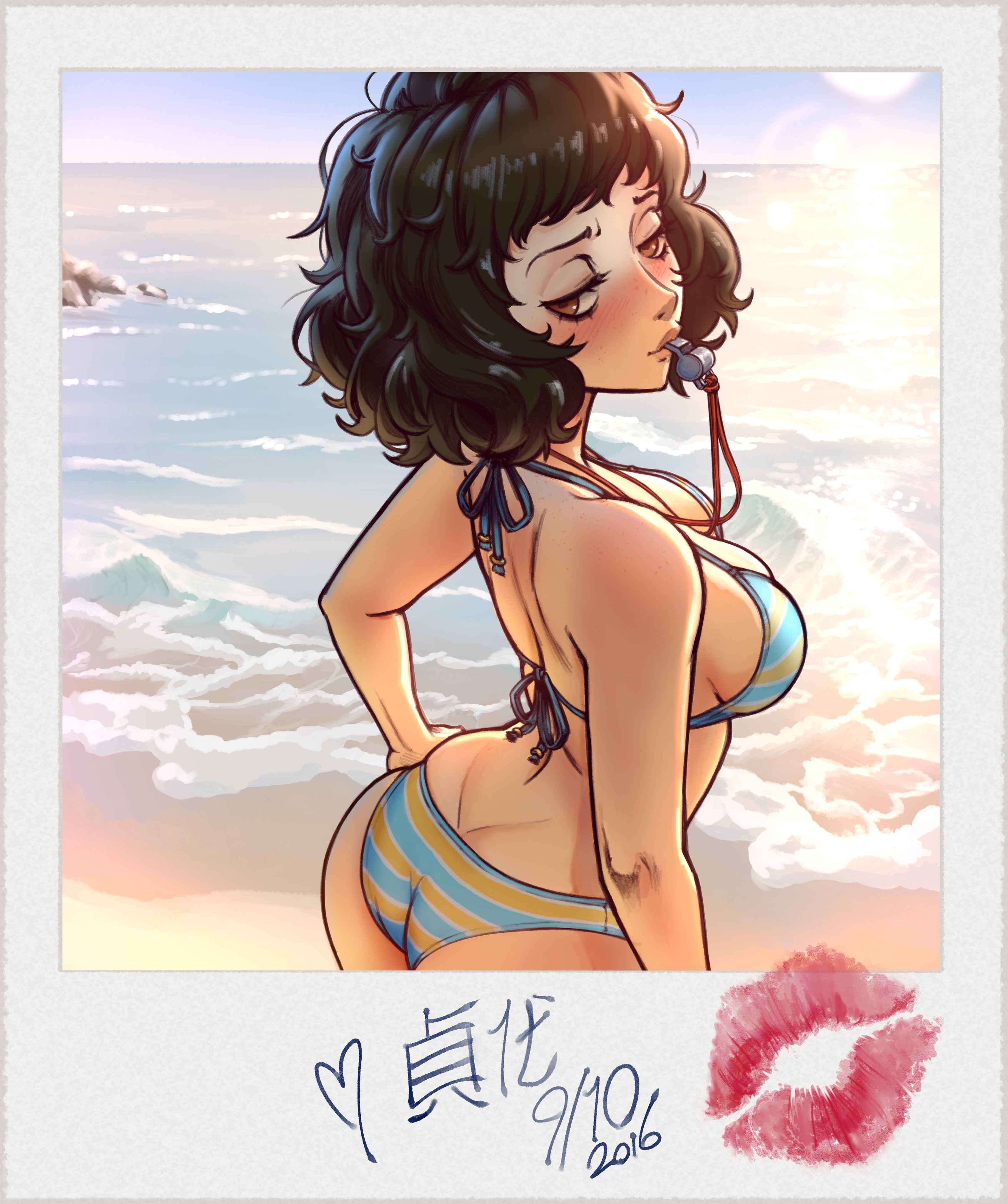 1girls, 2d, artist request, ass, atlus, back, beach, big breasts, bikini, blush, breasts, brown eyes, brown hair, day, female, female only, halterneck, light skin, looking at viewer, looking back, ocean, outdoors, persona, persona 5, sadayo kawakami, sega, solo, striped, striped bikini, swimsuit, swimwear, tagme, water, waves